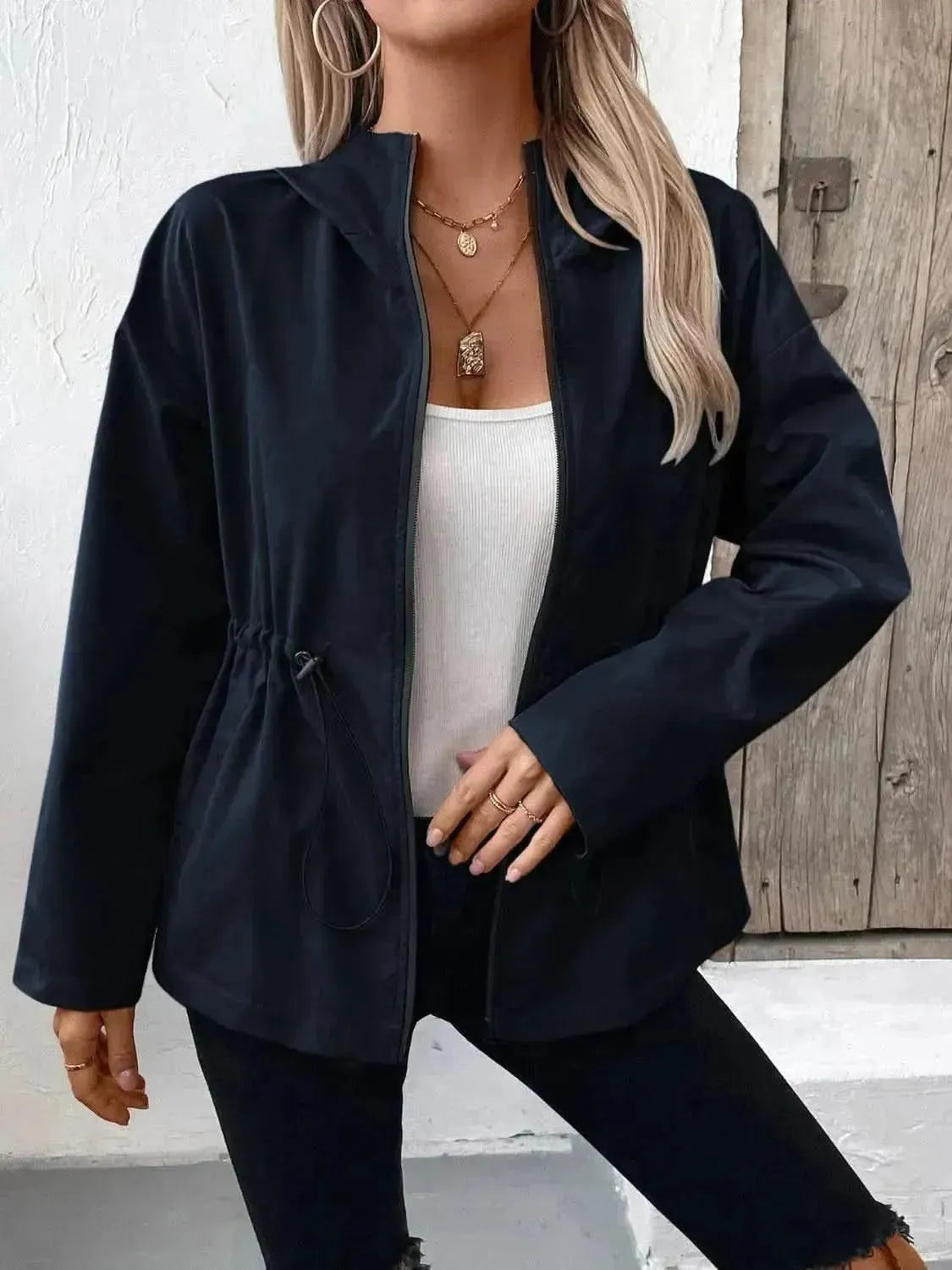 Drawstring Zip Up Hooded Jacket - Bad Moms Club