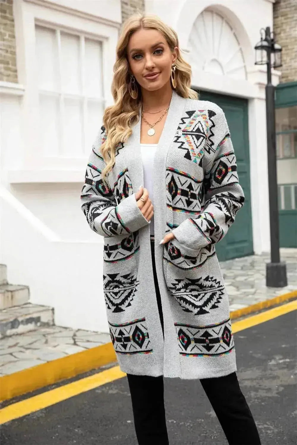 Pocketed Geometric Open Front Dropped Shoulder Cardigan - Bad Moms Club