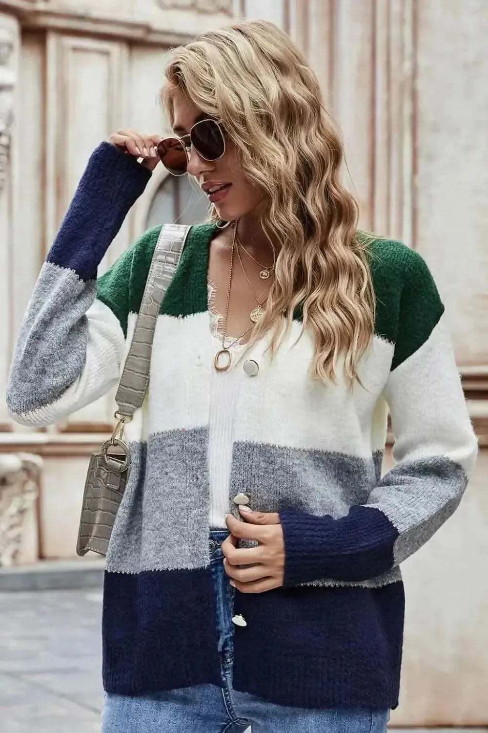 Woven Right Color Block V-Neck Button Down Cardigan - Bad Moms Club