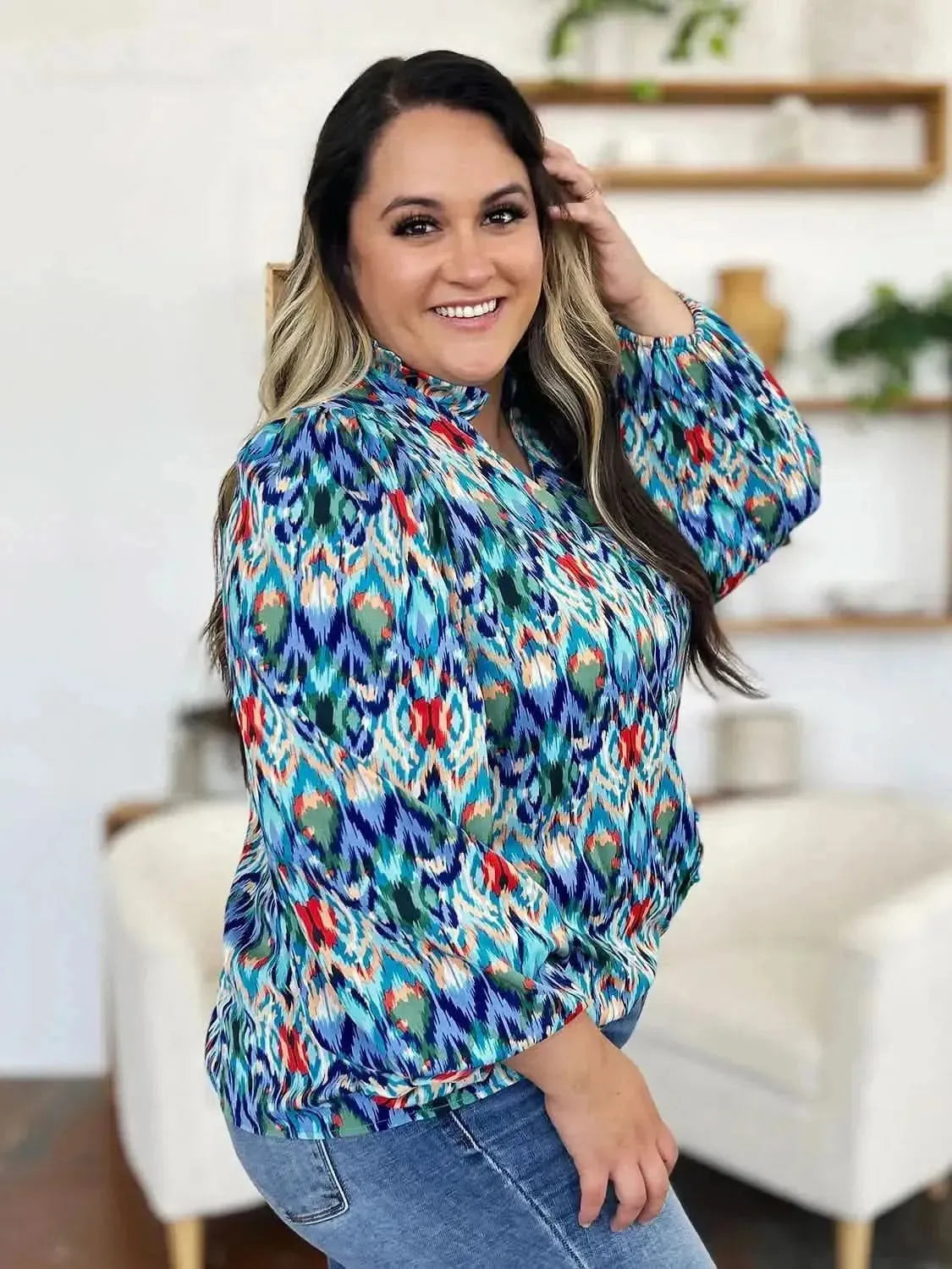Double Take Full Size Printed Balloon Sleeve Blouse - Bad Moms Club