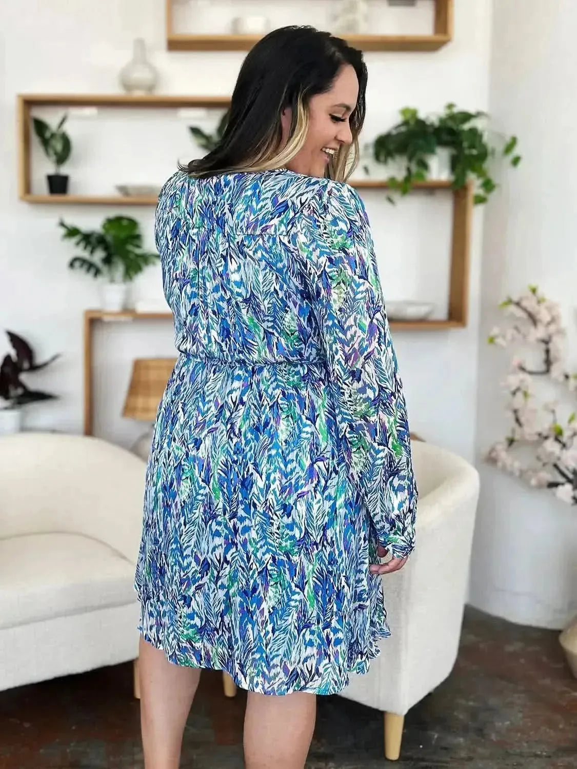 Double Take Full Size Printed Drawstring Waist Long Sleeve Dress - Bad Moms Club