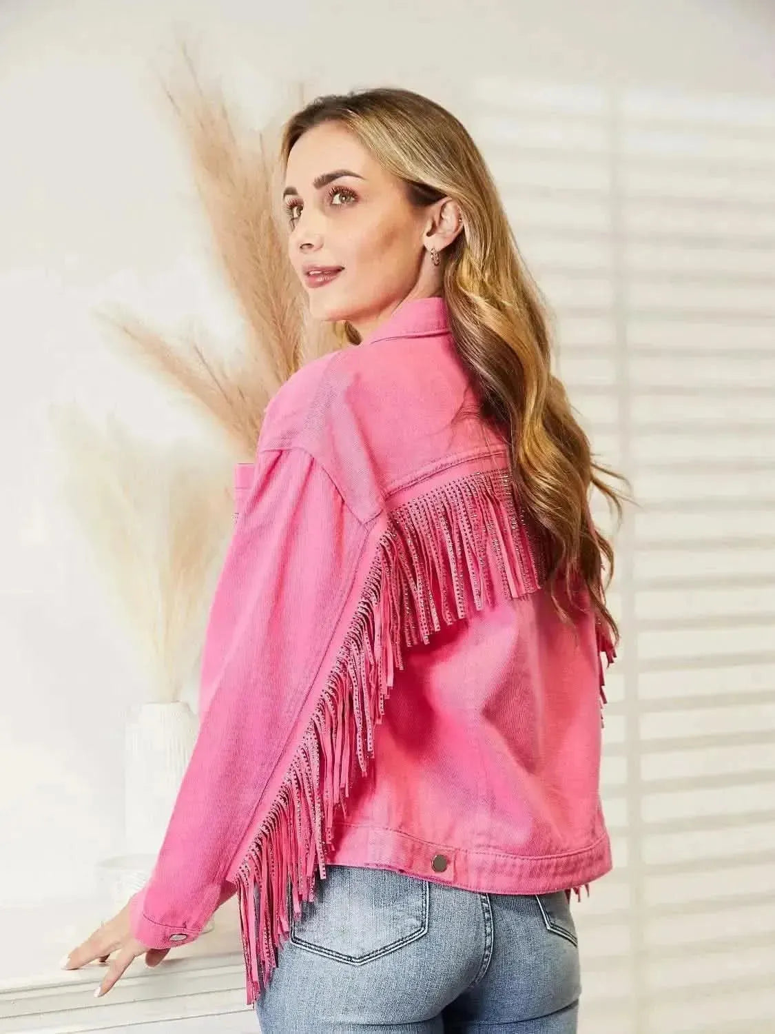 Fringe Detail Dropped Shoulder Denim Jacket - Bad Moms Club