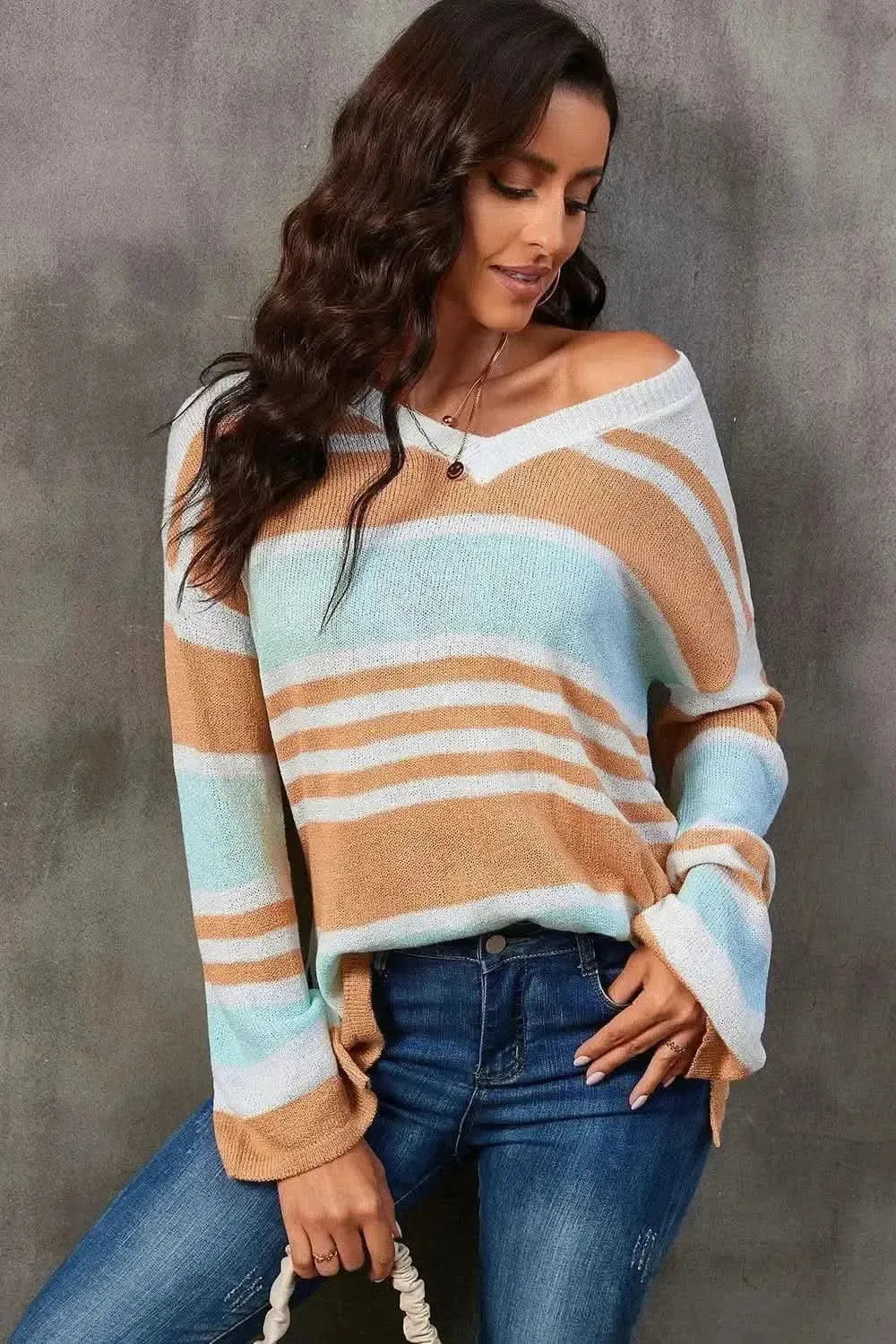 Striped V-Neck Knit Top - Bad Moms Club