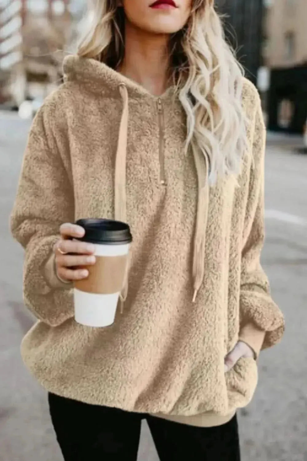 Full Size Quarter-Zip Drawstring Teddy Hoodie - Bad Moms Club