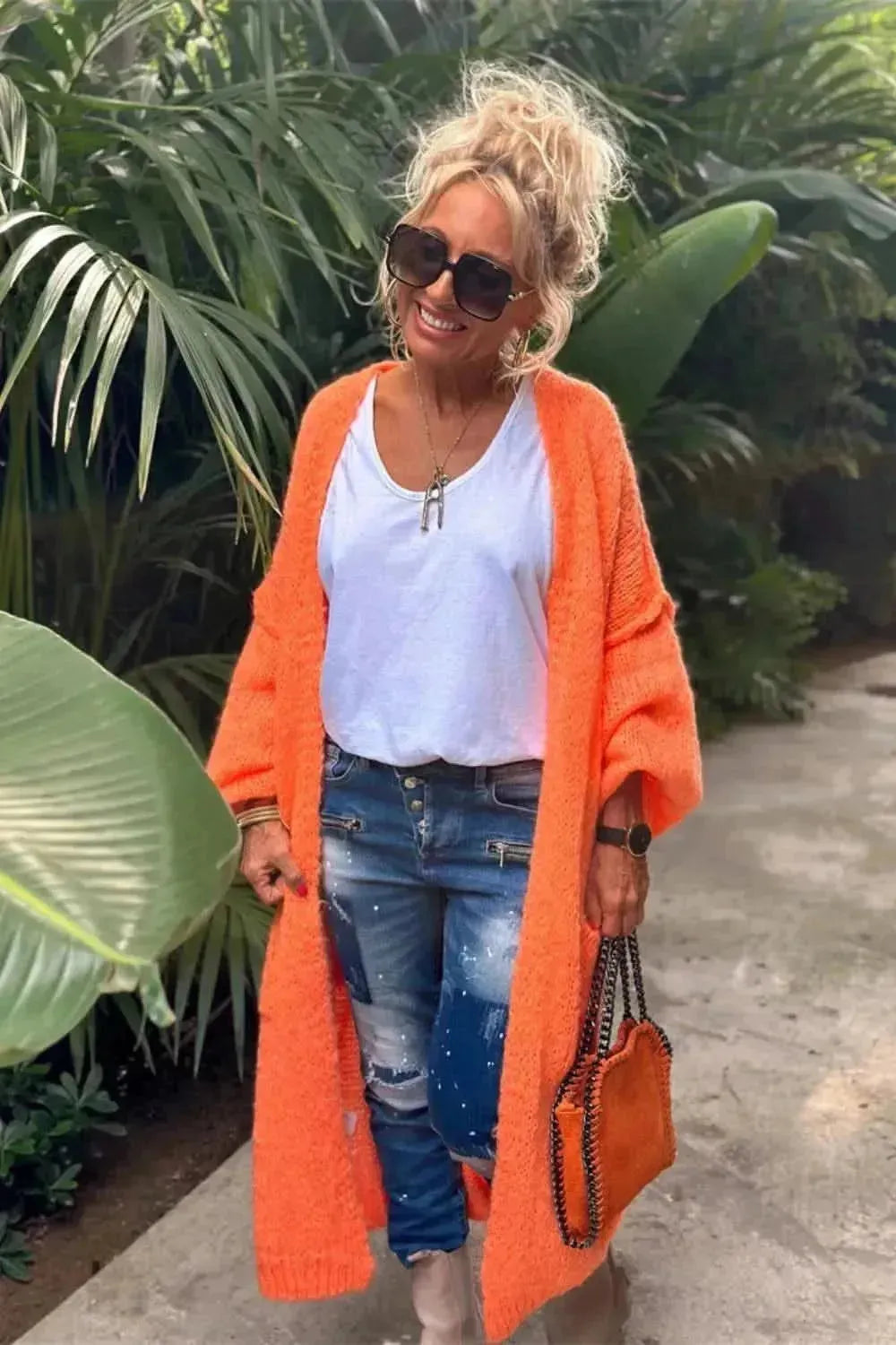 Letter Dropped Shoulder Long Sleeve Cardigan - Bad Moms Club