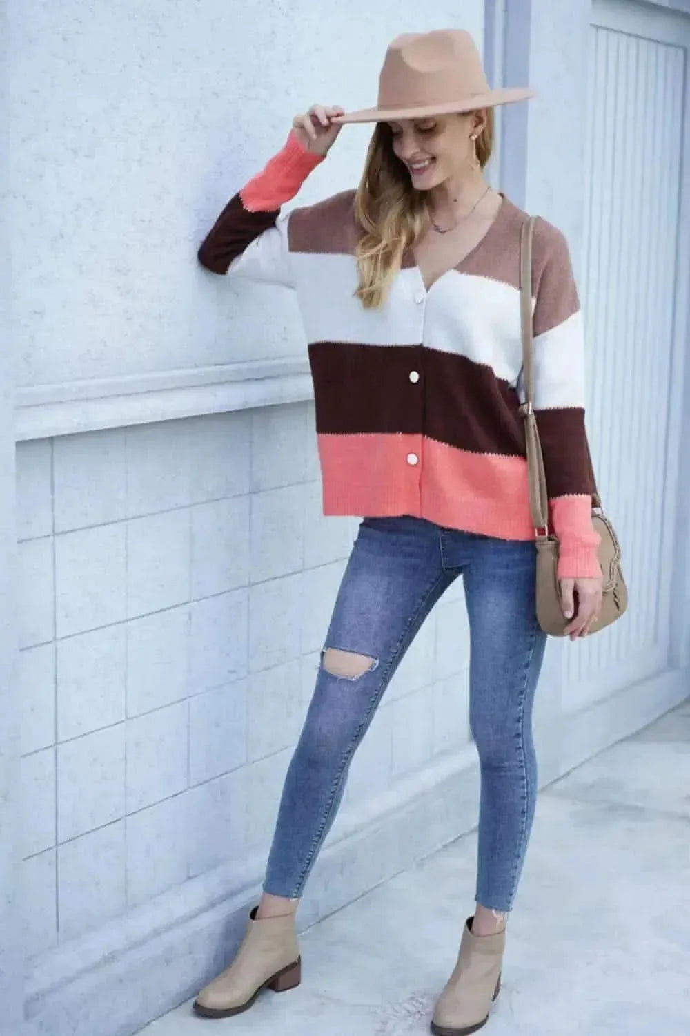 Woven Right Color Block V-Neck Button Down Cardigan - Bad Moms Club