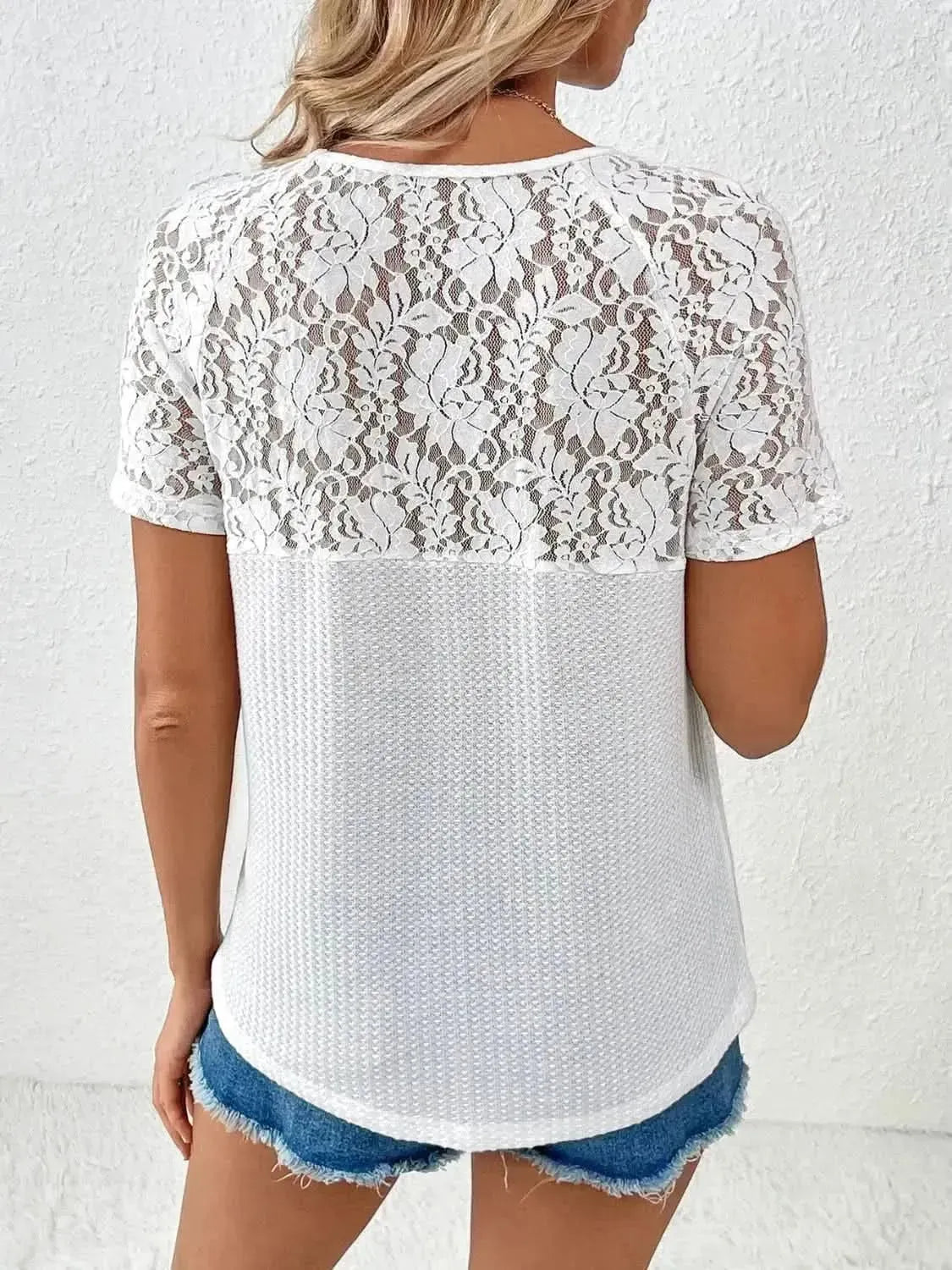 Ivy Lane Lace Detail V-Neck Short Sleeve T-Shirt - Bad Moms Club