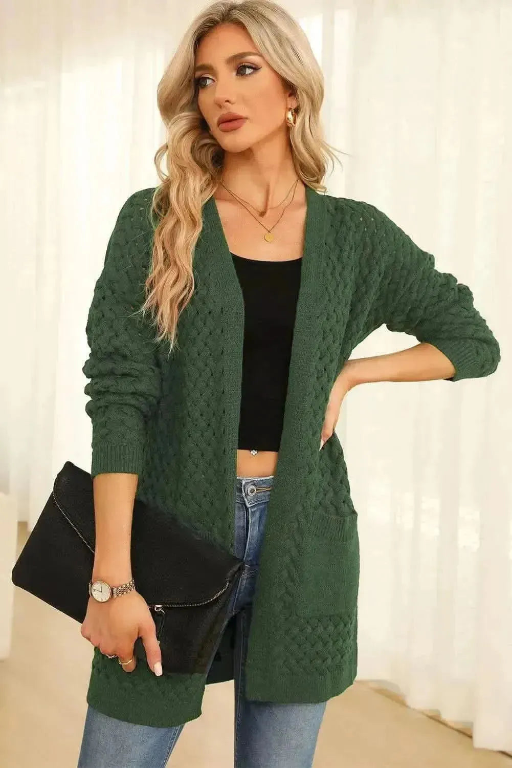 Open Front Dropped Shoulder Cardigan with Pockets - Bad Moms Club