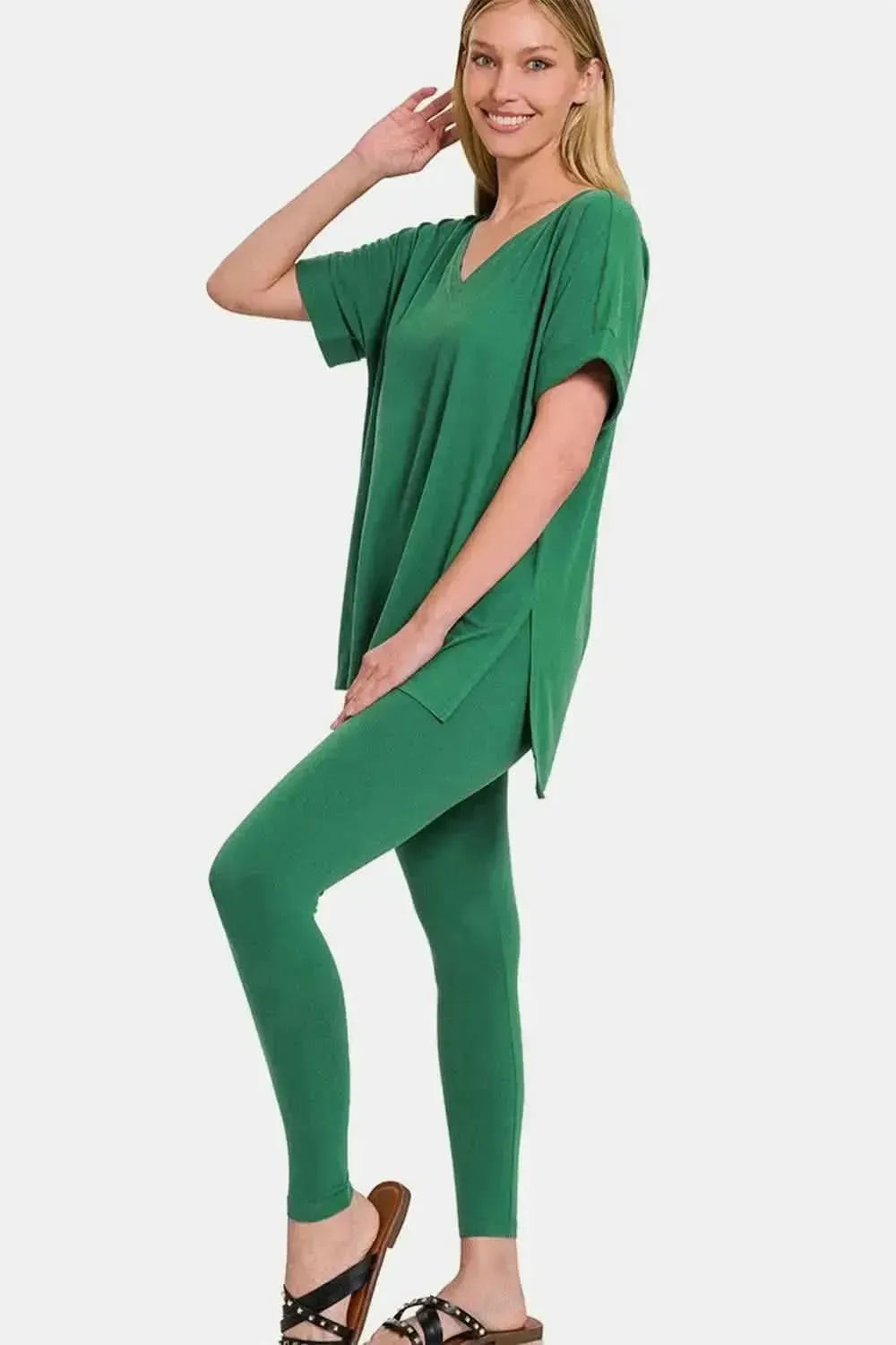 Zenana Full Size V-Neck Rolled Short Sleeve T-Shirt and Leggings Lounge Set - Bad Moms Club
