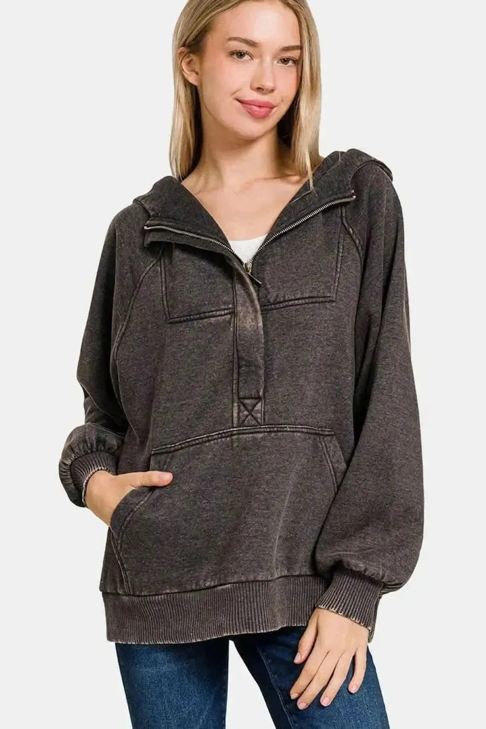 Zenana Acid Wash Fleece Kangaroo Hoodie - Bad Moms Club