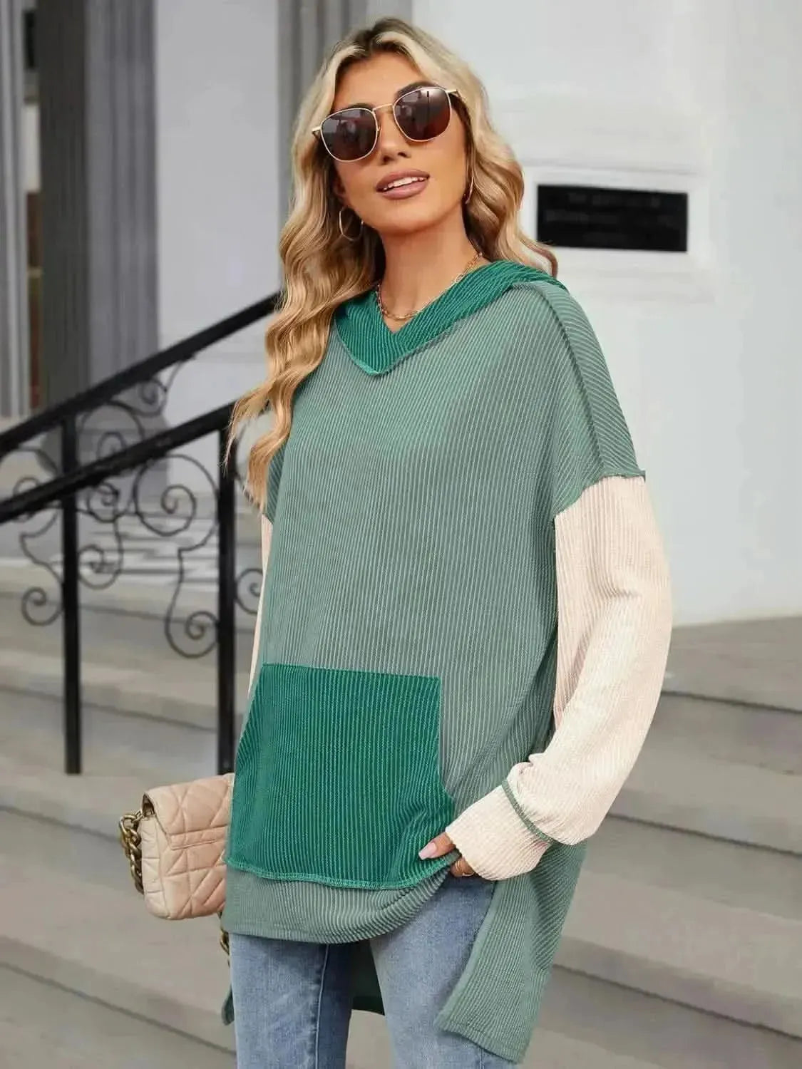 Double Take Contrast Hooded Long Sleeve Top - Bad Moms Club