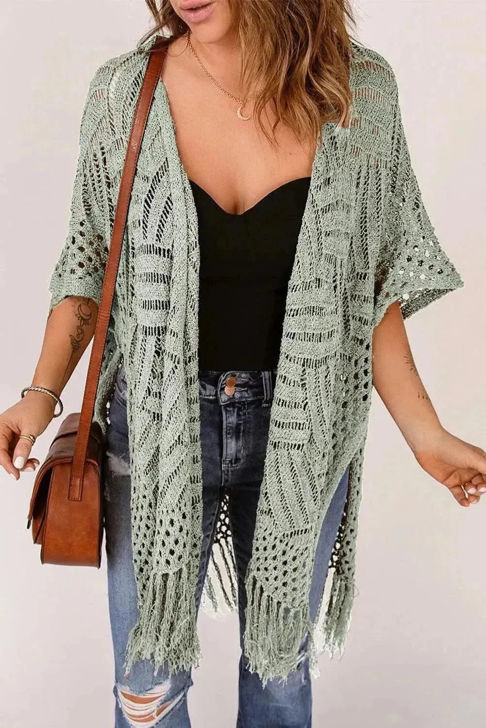 Openwork Open Front Cardigan with Fringes - Bad Moms Club
