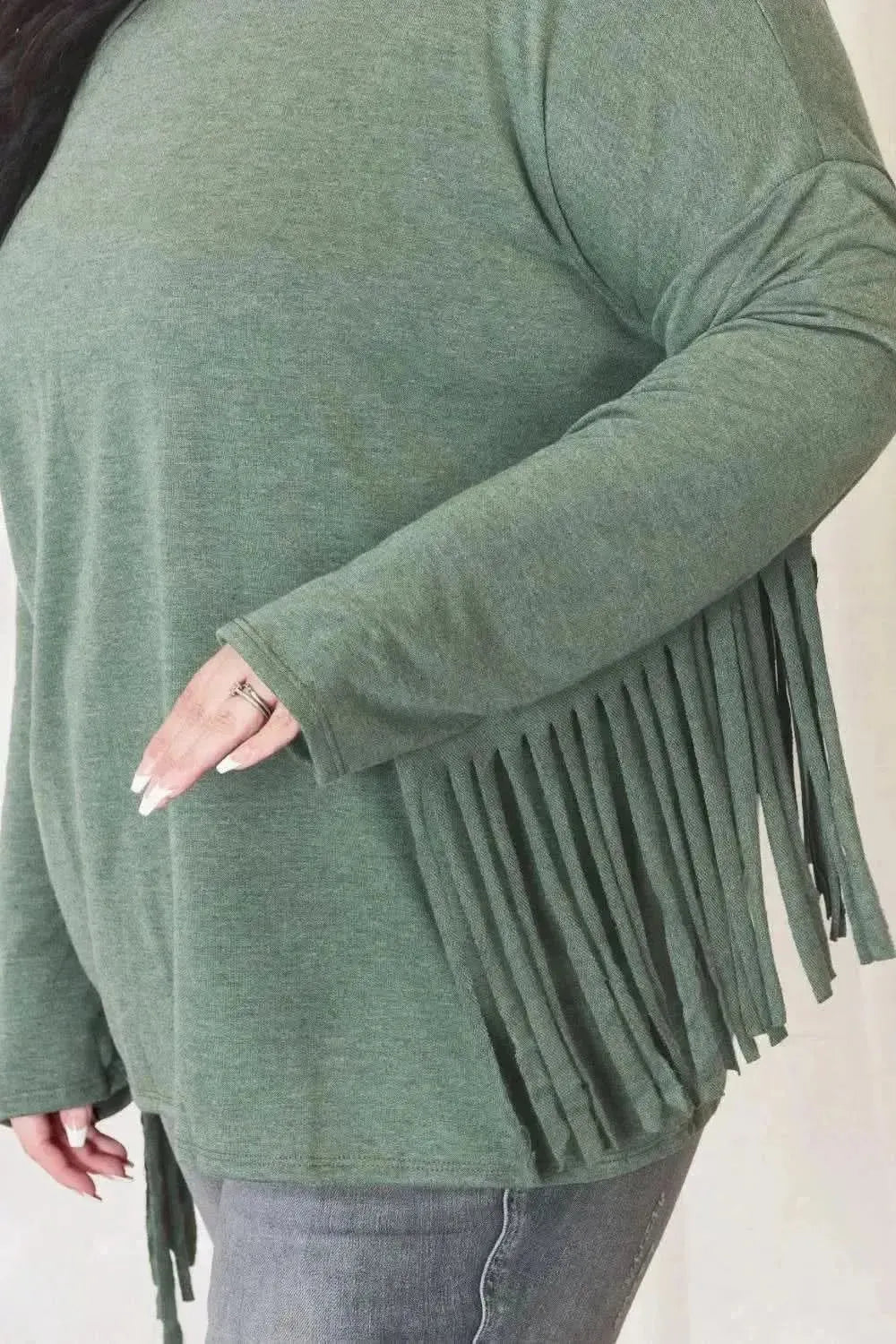 Celeste Full Size Fringe Detail Long Sleeve Top - Bad Moms Club