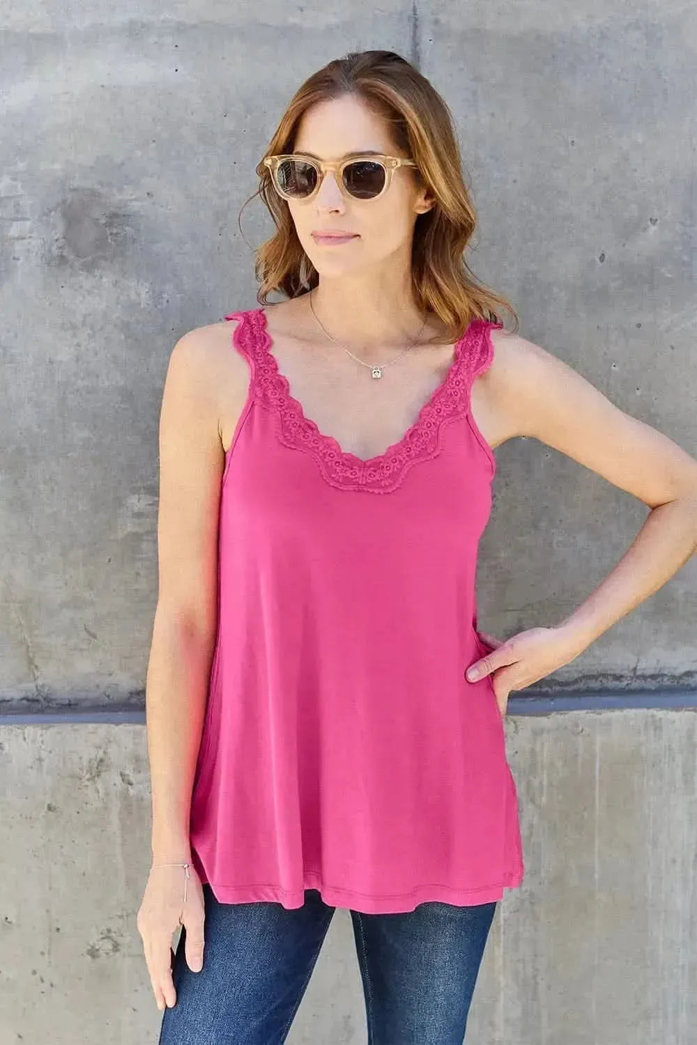 Basic Bae Full Size Lace Detail V-Neck Cutout Cami - Bad Moms Club