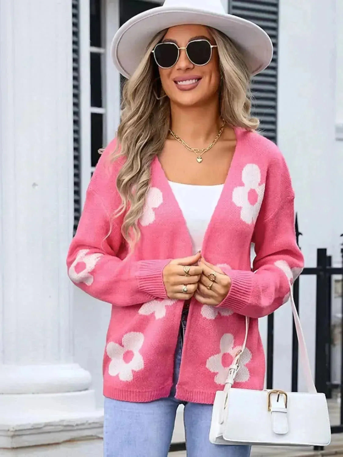 Flower Open Front Long Sleeve Cardigan - Bad Moms Club