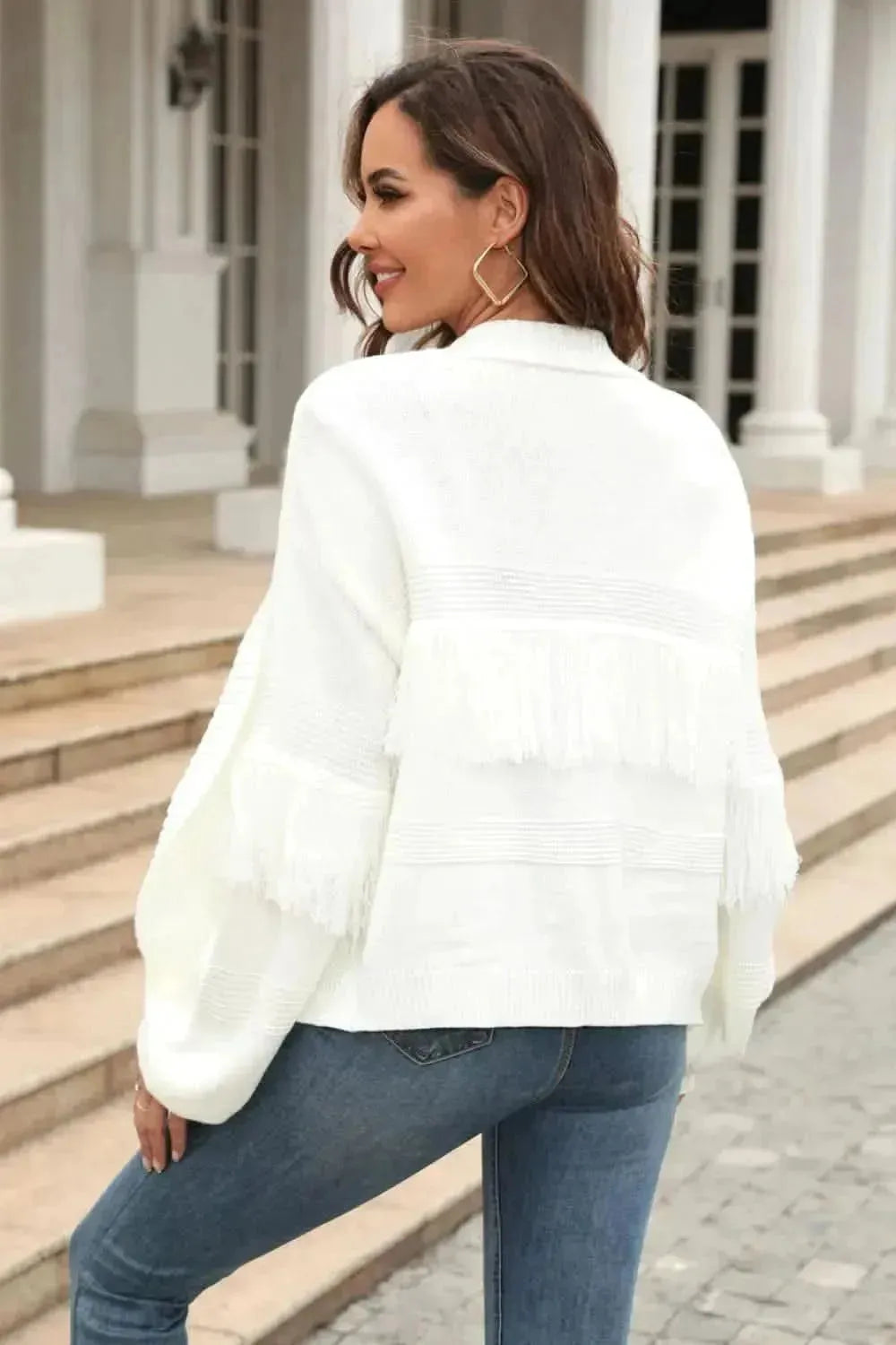 Fringe Trim Open Front Cardigan - Bad Moms Club