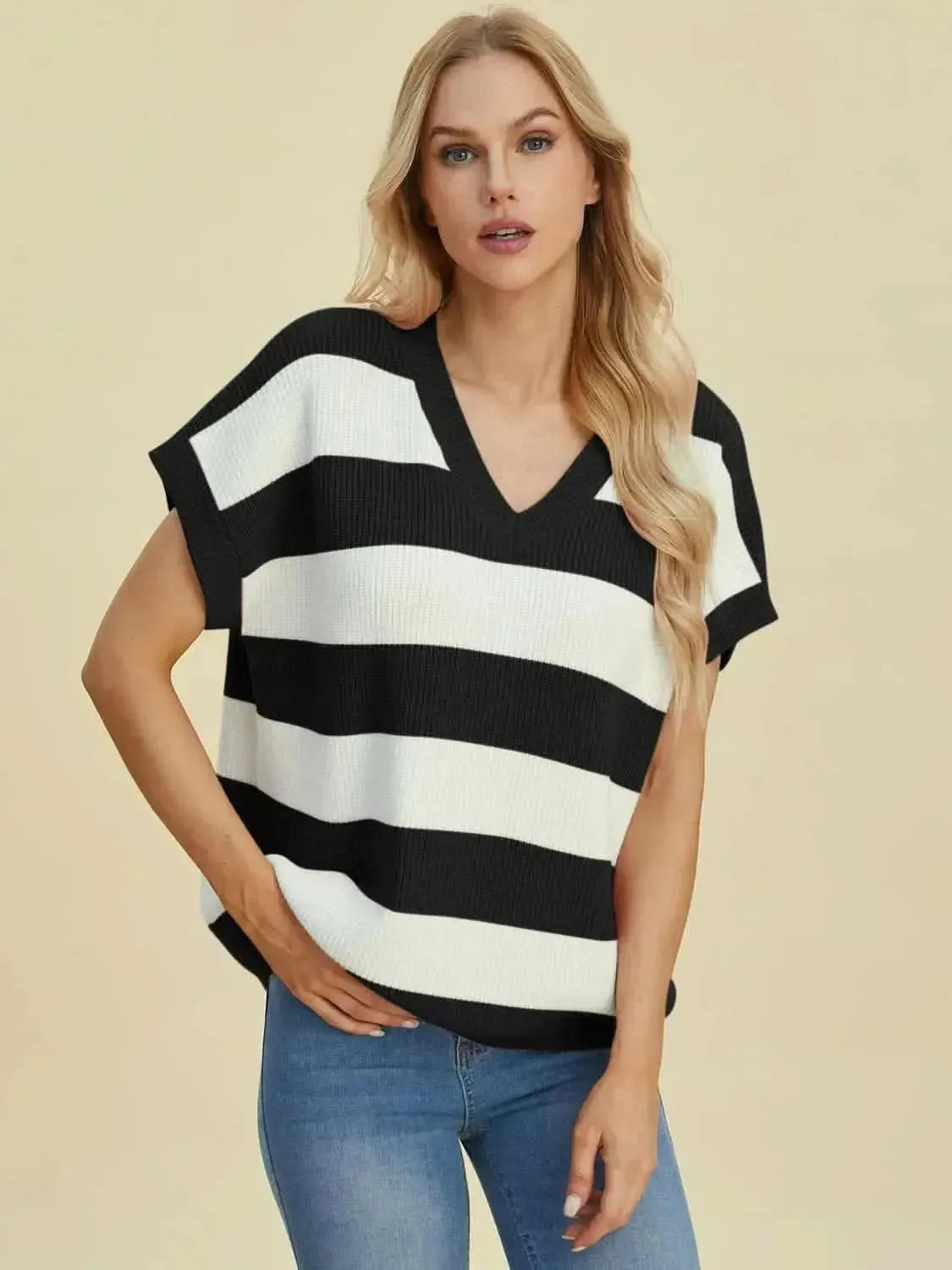 Double Take Full Size Striped V-Neck Short Sleeve Sweater - Bad Moms Club