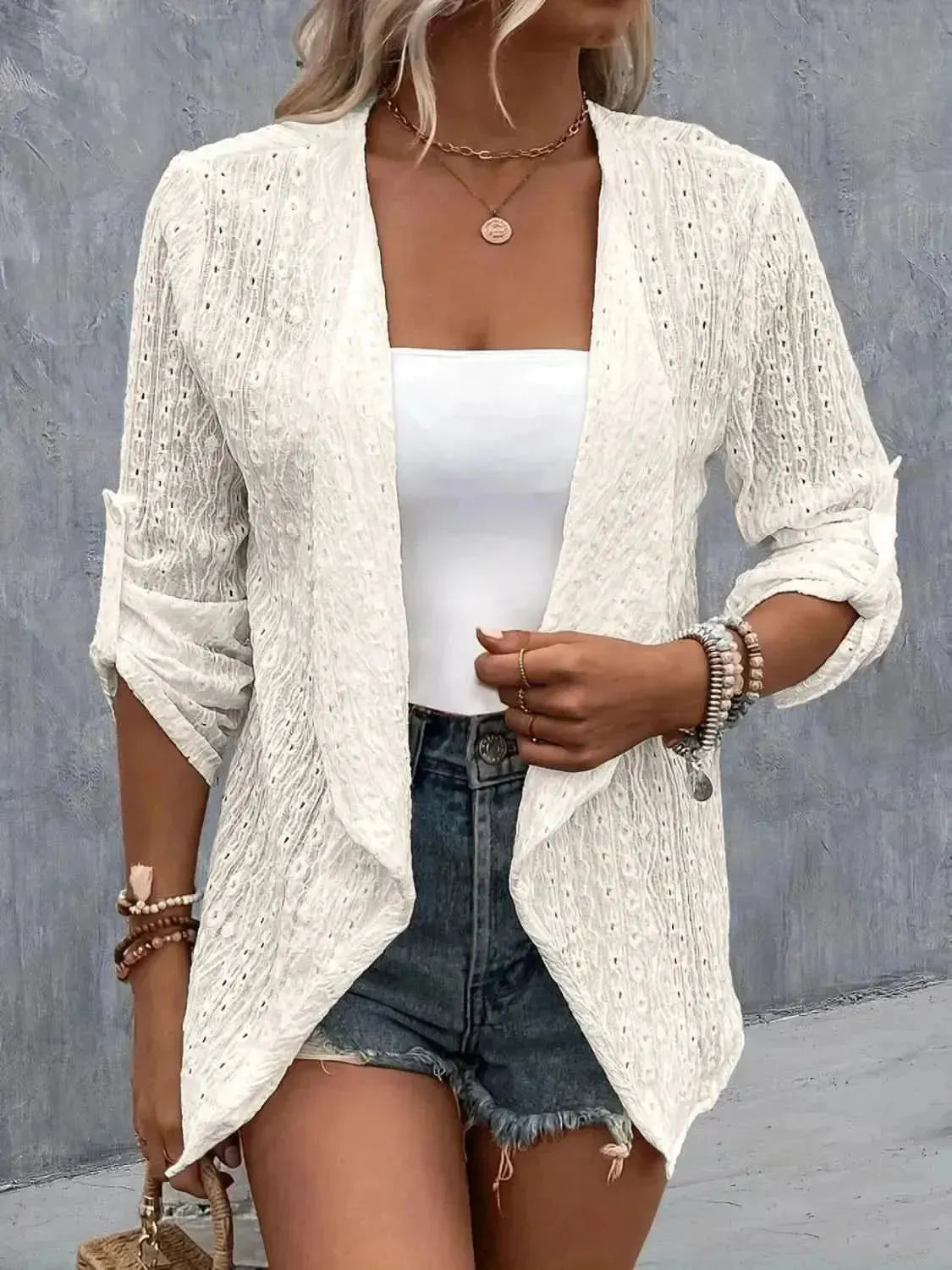Eyelet Roll-Tab Sleeve Cardigan - Bad Moms Club