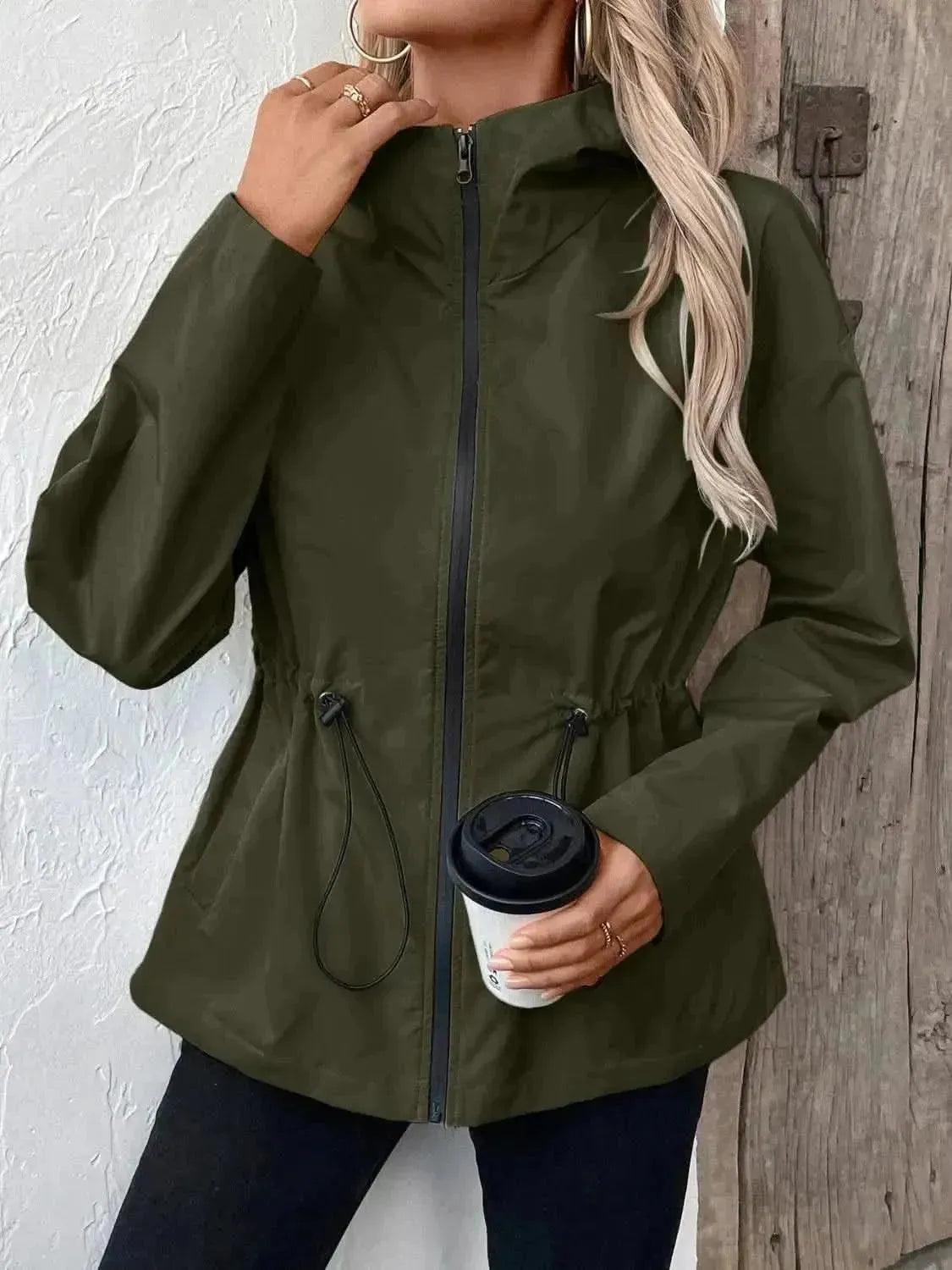 Drawstring Zip Up Hooded Jacket - Bad Moms Club