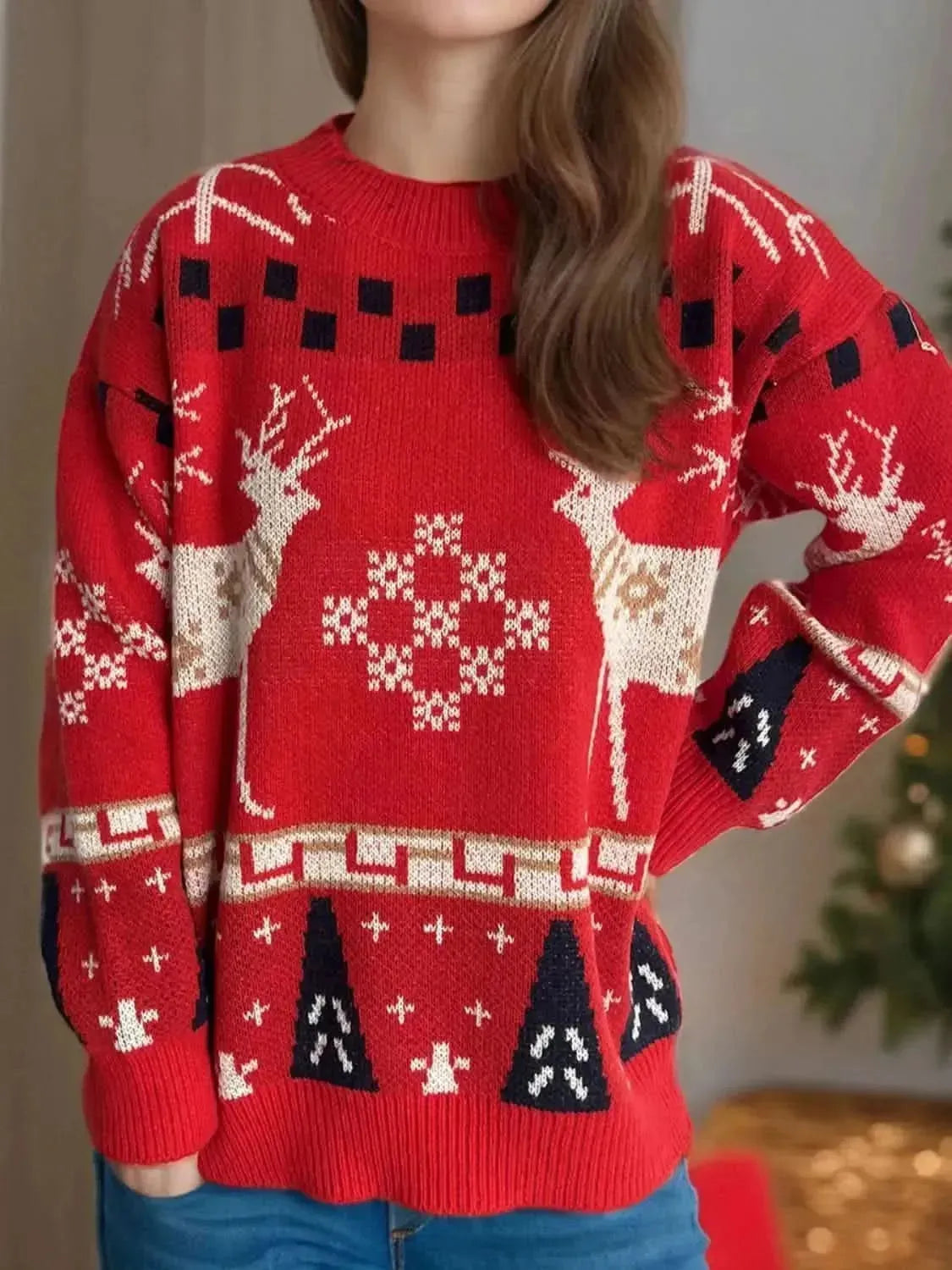 Christmas Element Round Neck Long Sleeve Sweater - Bad Moms Club