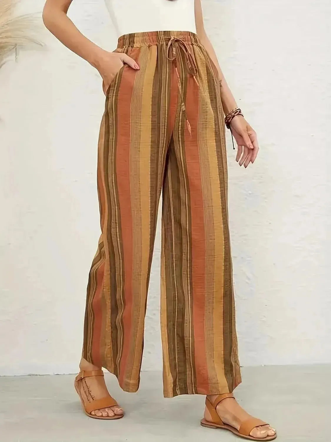 Full Size Drawstring Striped Wide Leg Pants - Bad Moms Club