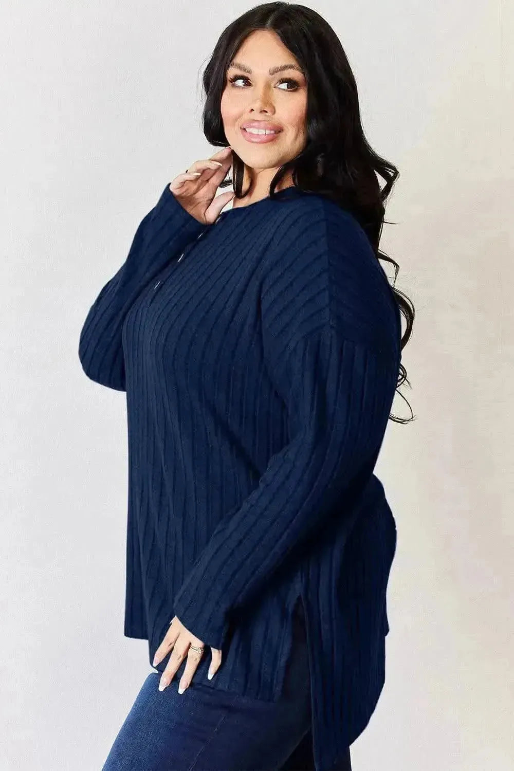 Basic Bae Full Size Ribbed Half Button Long Sleeve High-Low T-Shirt - Bad Moms Club