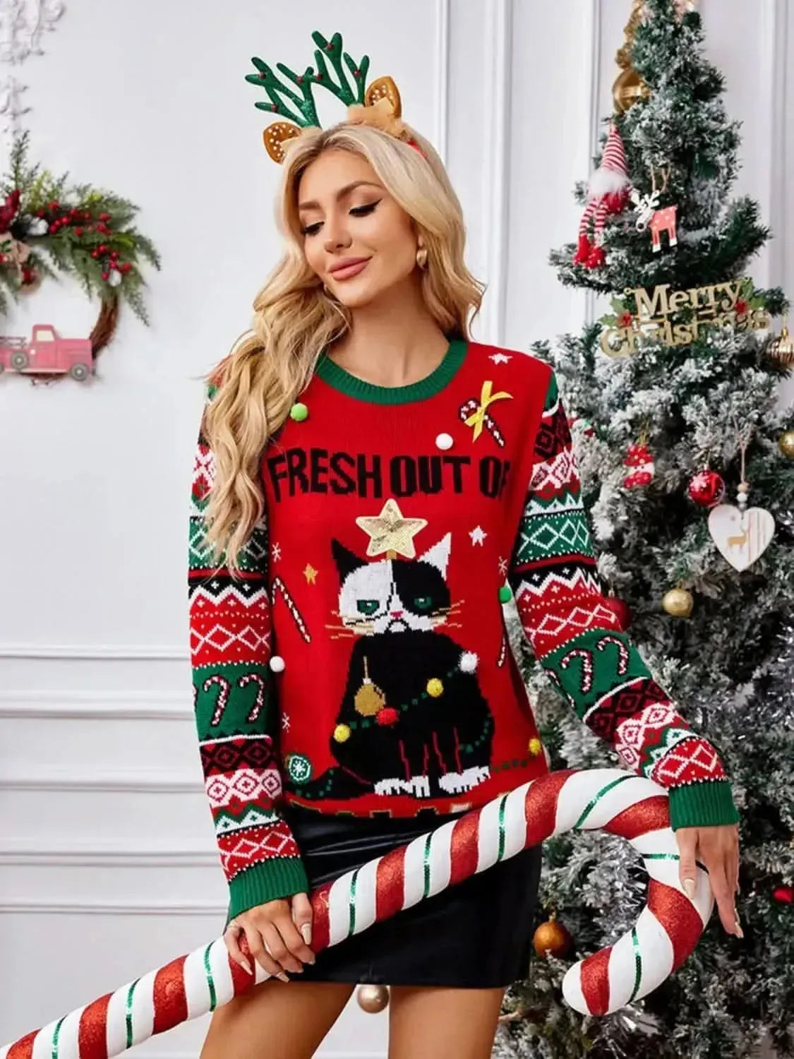 Christmas Element Round Neck Long Sleeve Sweater - Bad Moms Club