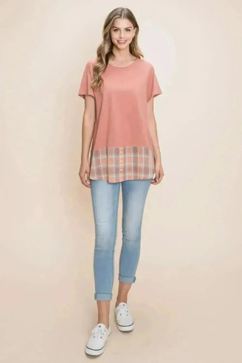 Cotton Bleu by Nu Lab Plaid Contrast Short Sleeve T-Shirt - Bad Moms Club