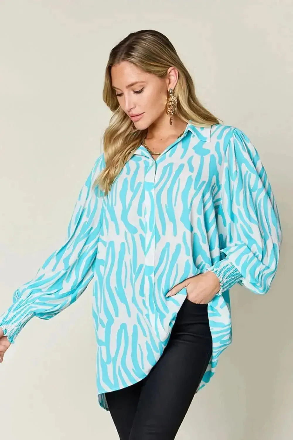 Double Take Full Size Printed Smocked Long Sleeve Blouse - Bad Moms Club