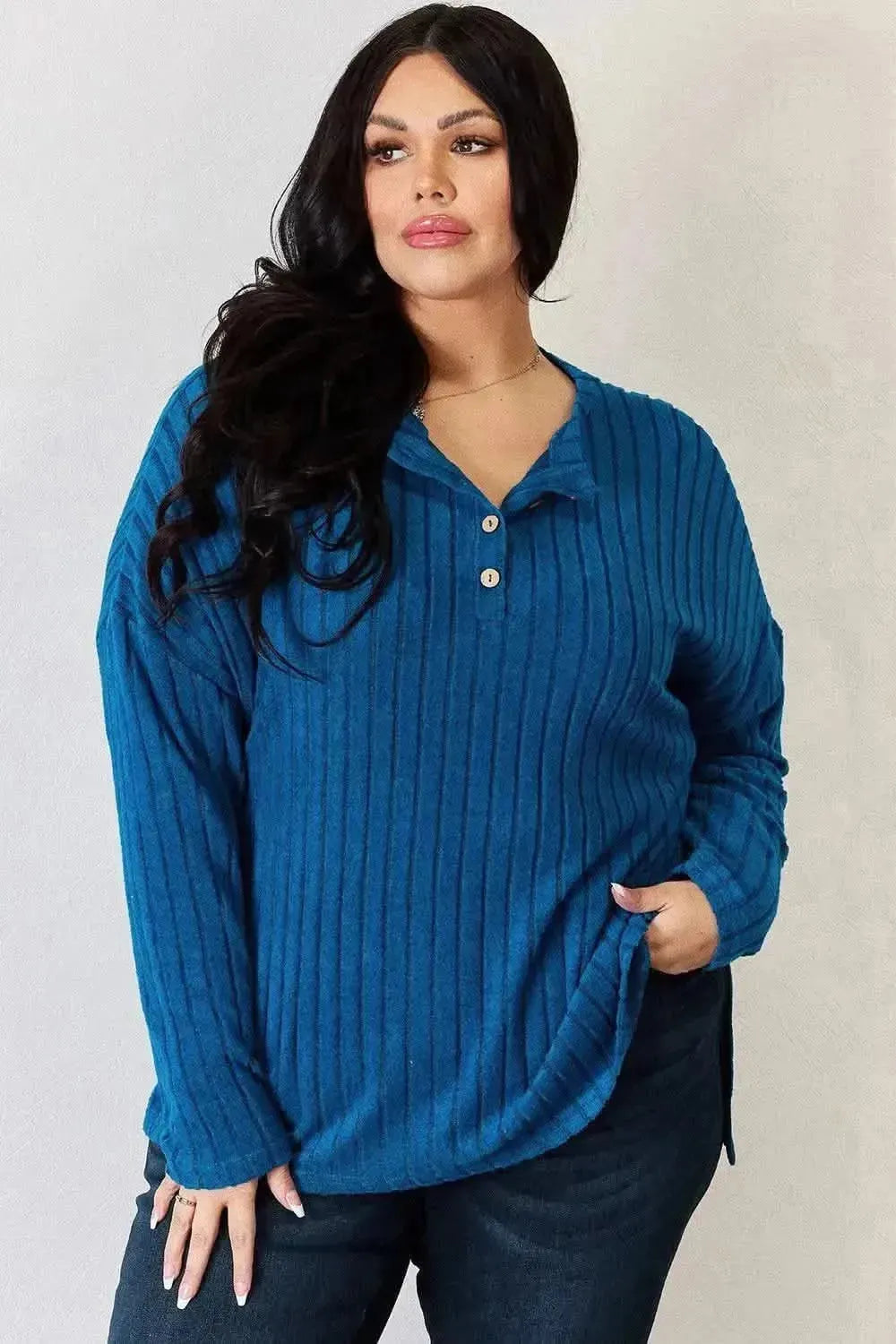 Basic Bae Full Size Ribbed Half Button Long Sleeve High-Low T-Shirt - Bad Moms Club