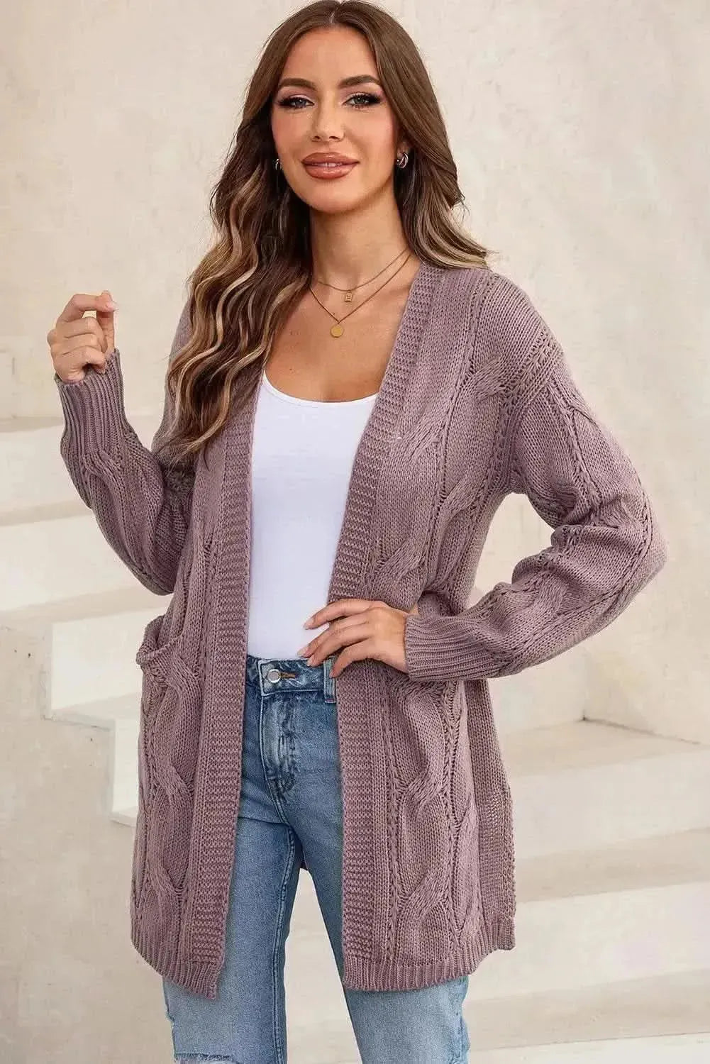 Cable-Knit Dropped Shoulder Slit Cardigan - Bad Moms Club