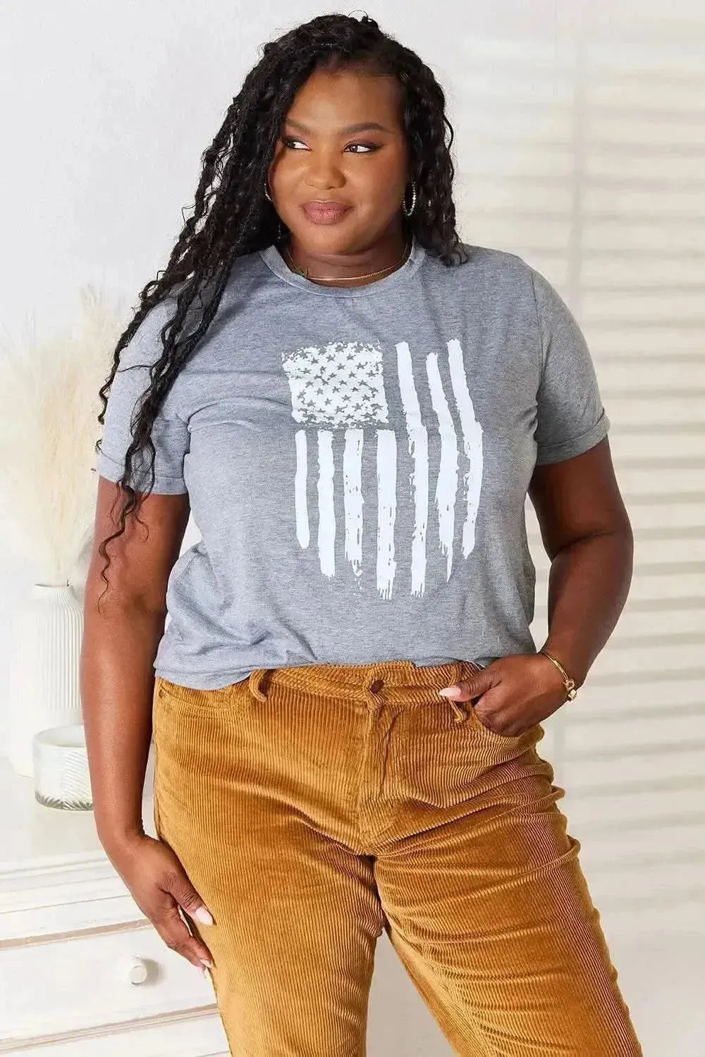 Simply Love US Flag Graphic Cuffed Sleeve T-Shirt - Bad Moms Club