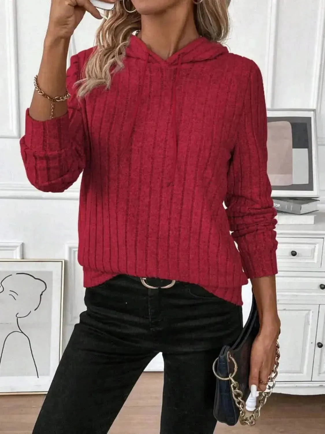 Drawstring Ribbed Long Sleeve Hoodie - Bad Moms Club