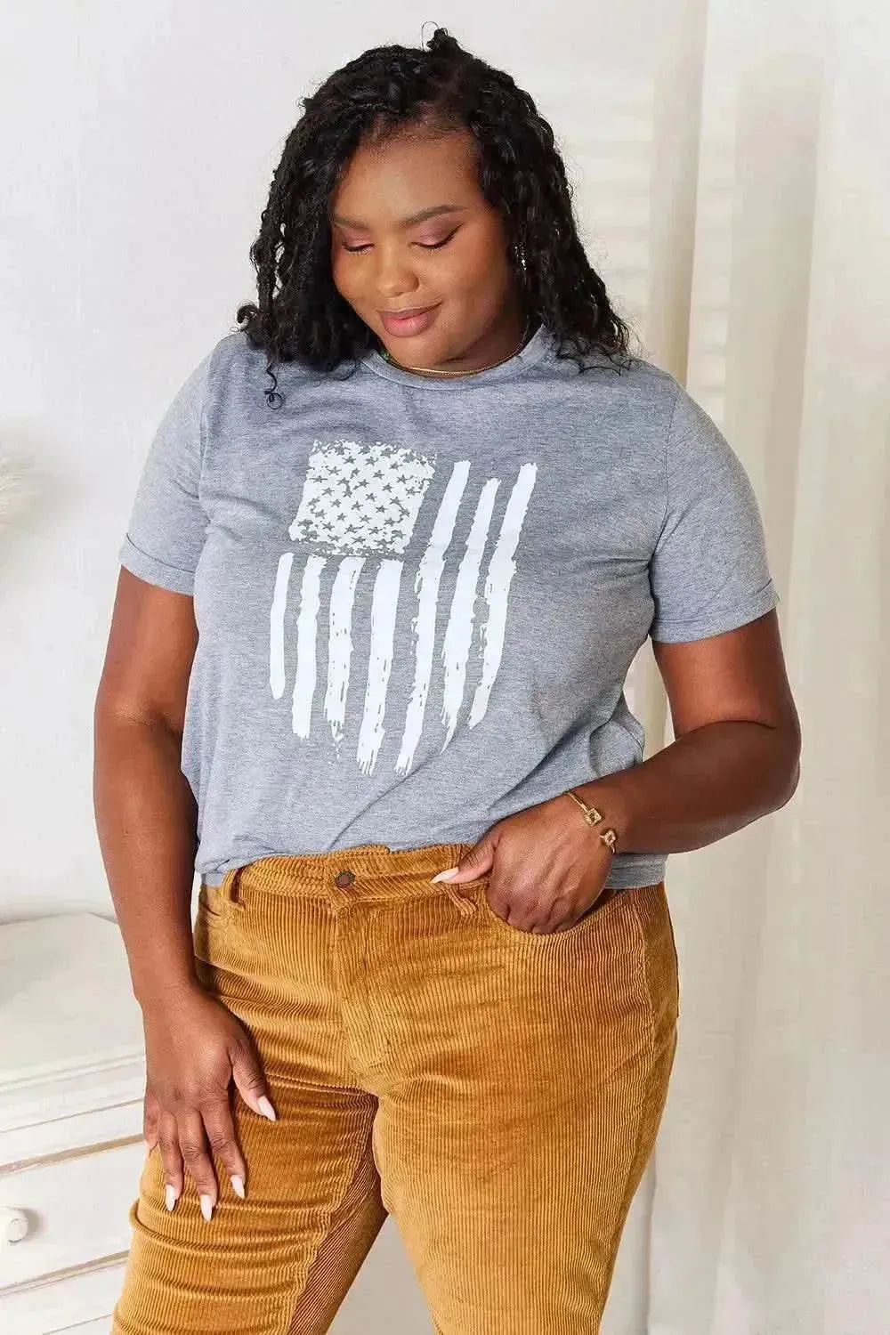 Simply Love US Flag Graphic Cuffed Sleeve T-Shirt - Bad Moms Club