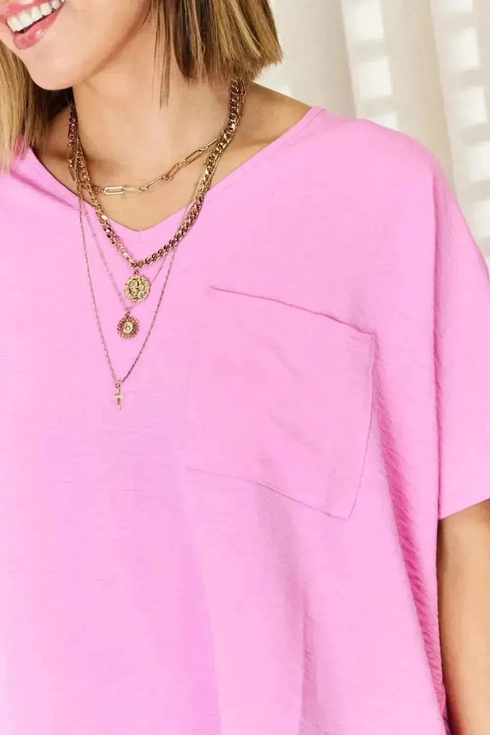 Zenana Texture Short Sleeve Blouse - Bad Moms Club