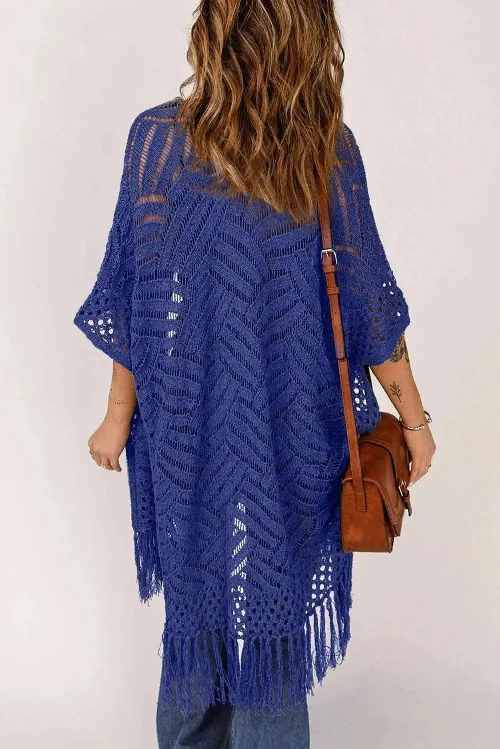 Openwork Open Front Cardigan with Fringes - Bad Moms Club
