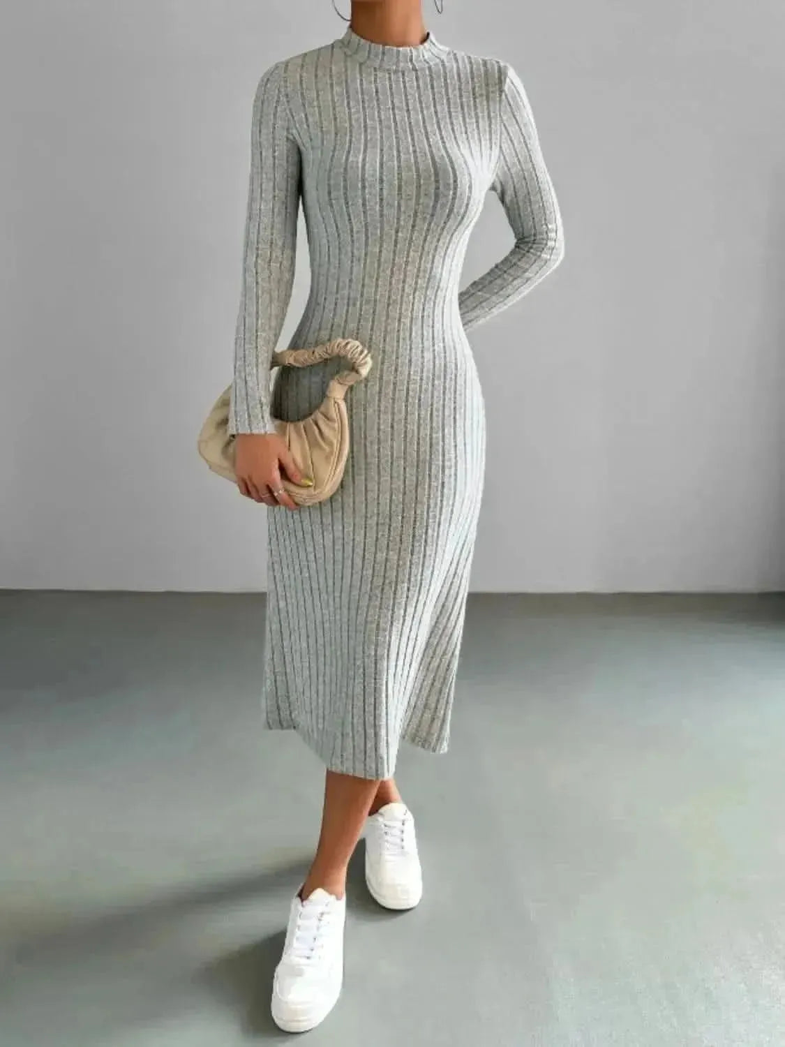 Ribbed Mock Neck Long Sleeve Midi Sweater Dress - Bad Moms Club