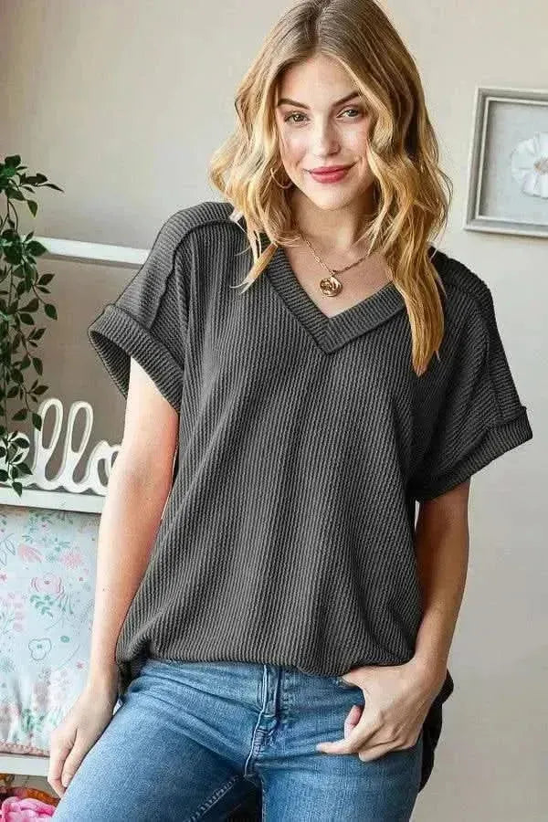 Heimish Full Size Exposed Seam Short Sleeve Ribbed Top - Bad Moms Club