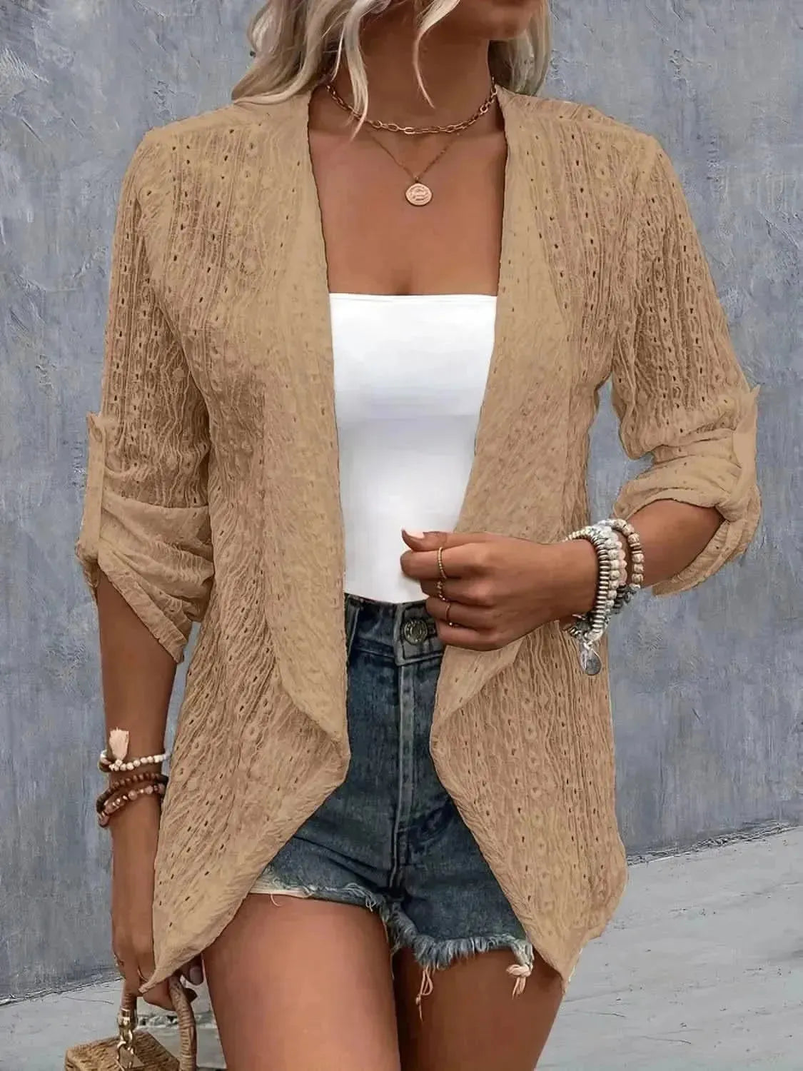 Eyelet Roll-Tab Sleeve Cardigan - Bad Moms Club