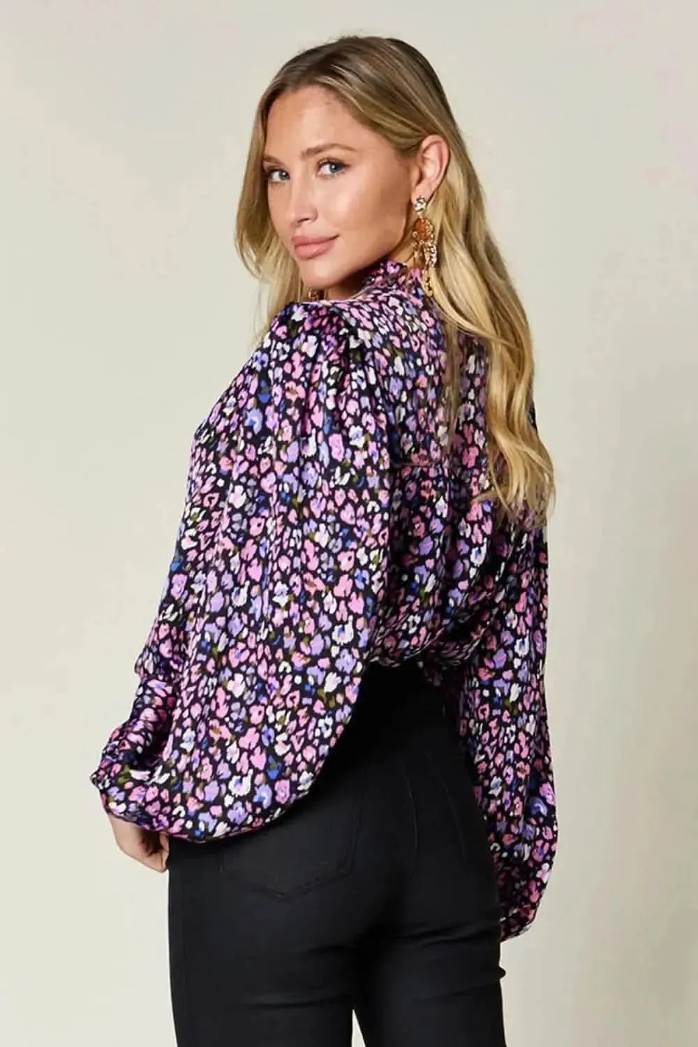 Double Take Full Size Printed Balloon Sleeve Shirt - Bad Moms Club