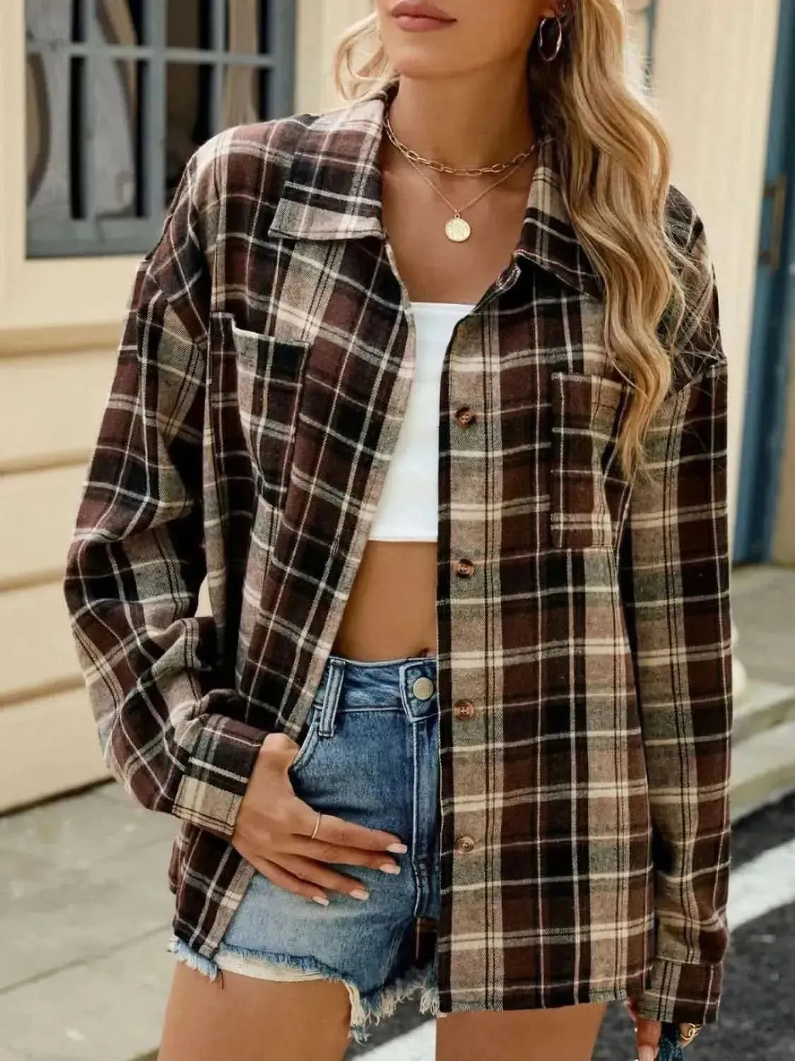 Plaid Collared Neck Long Sleeve Shirt - Bad Moms Club