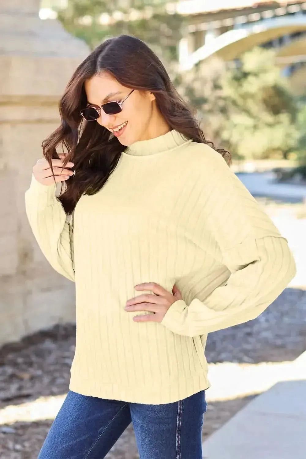 Basic Bae Full Size Ribbed Exposed Seam Mock Neck Knit Top - Bad Moms Club