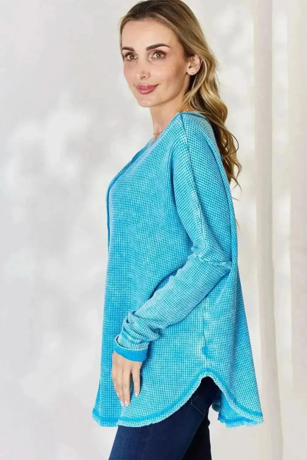 Zenana Oversized Waffle Long Sleeve Top - Bad Moms Club