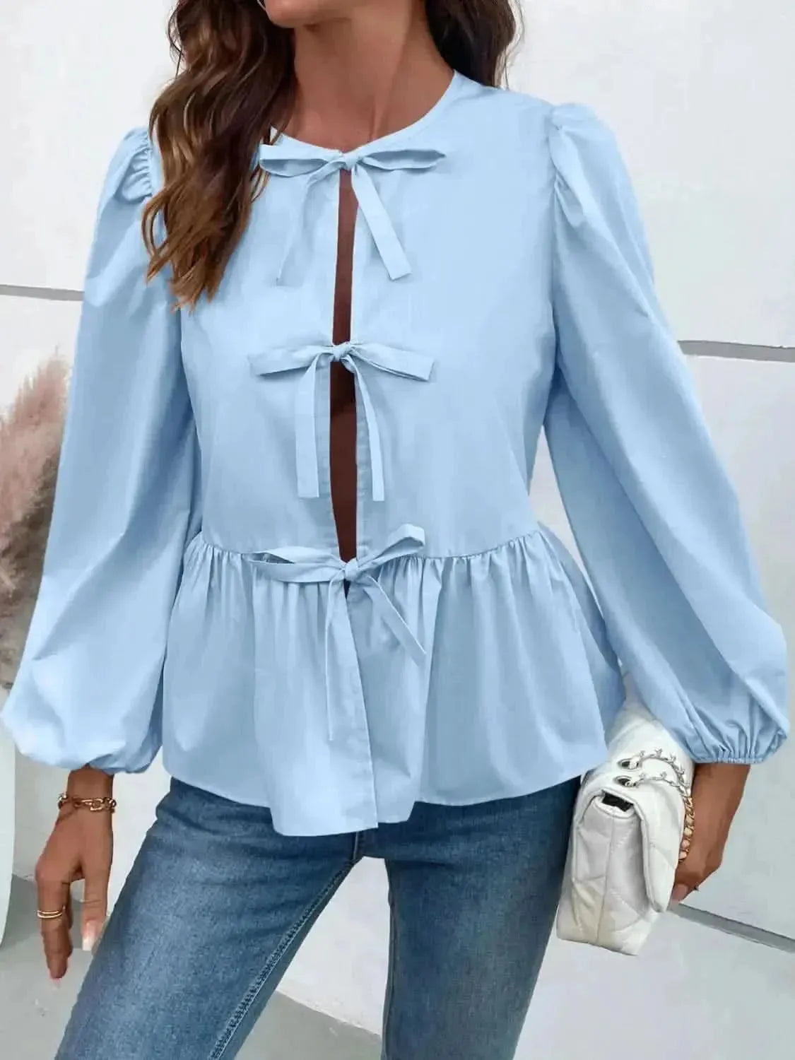 Ivy Lane Peplum Tied Long Sleeve Blouse - Bad Moms Club