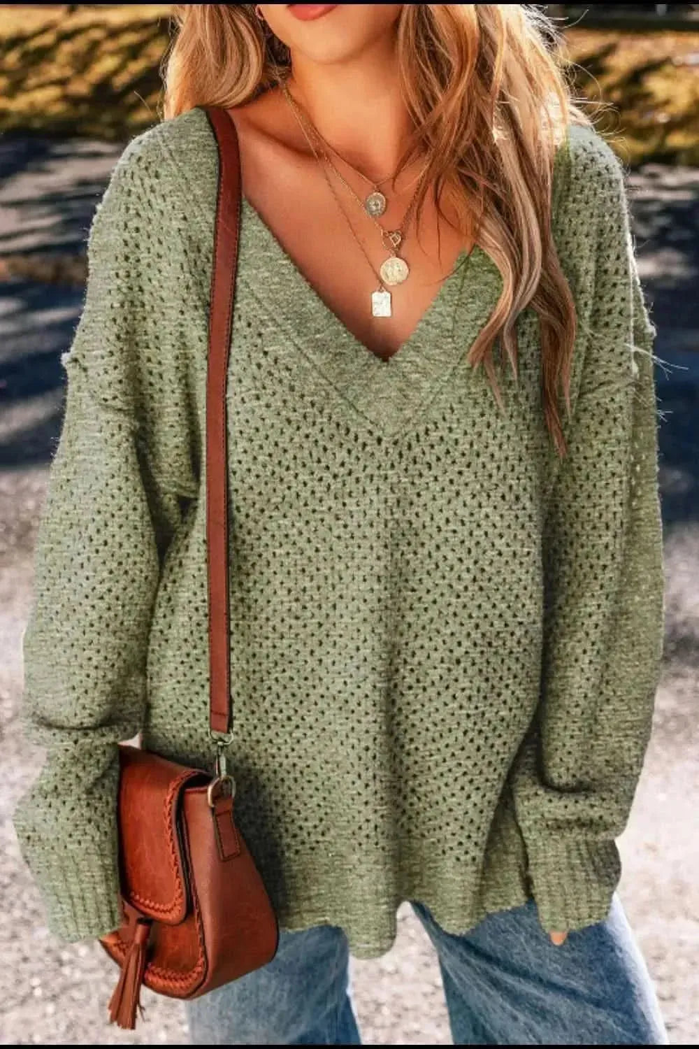 V-Neck Dropped Shoulder Long Sleeve Sweater - Bad Moms Club