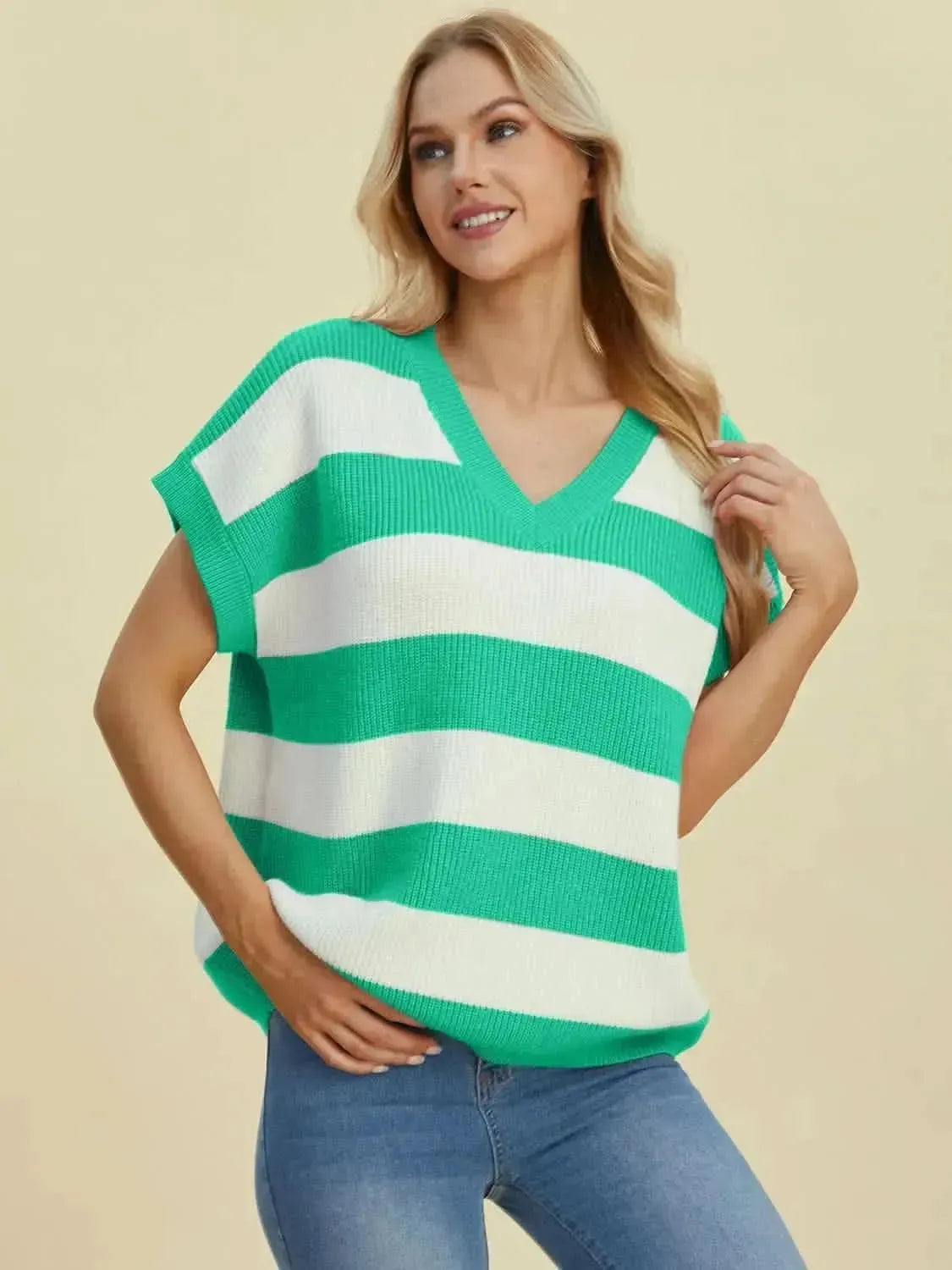 Double Take Full Size Striped V-Neck Short Sleeve Sweater - Bad Moms Club