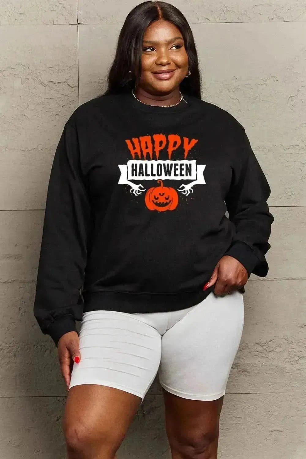 Simply Love Full Size HAPPY HALLOWEEN Graphic Sweatshirt - Bad Moms Club