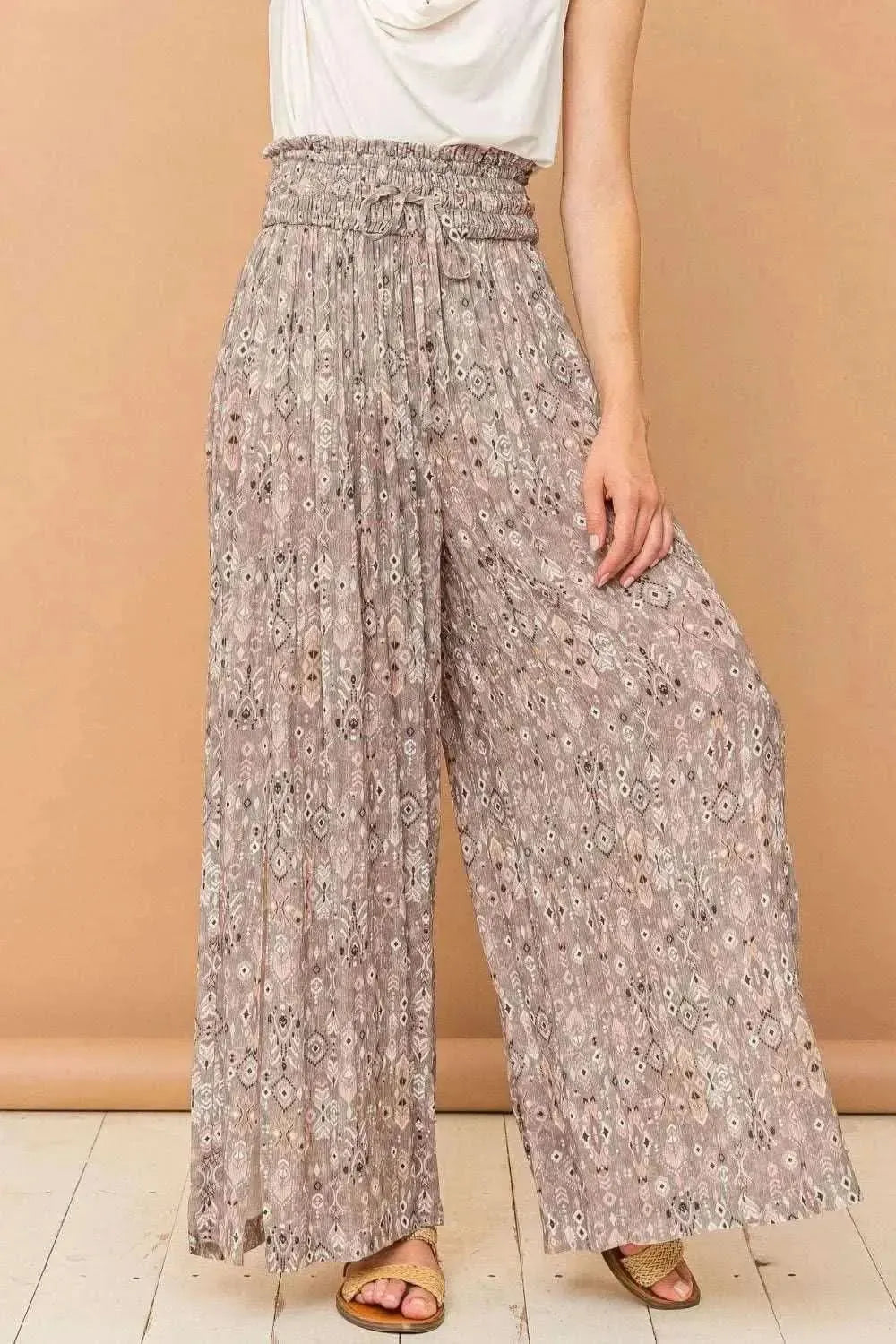 And The Why Printed Smocked Waist Slit Wide Leg Pants - Bad Moms Club