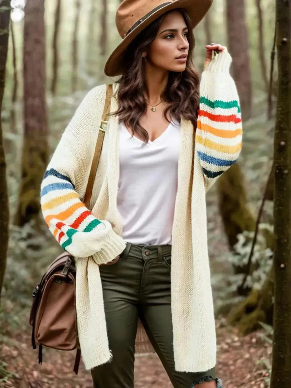 Striped Open Front Long Sleeve Cardigan - Bad Moms Club