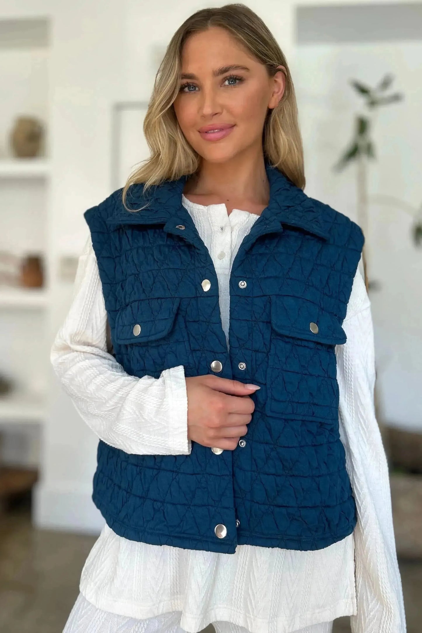 Double Take Full Size Pocketed Texture Snap Down Vest Coat - Bad Moms Club